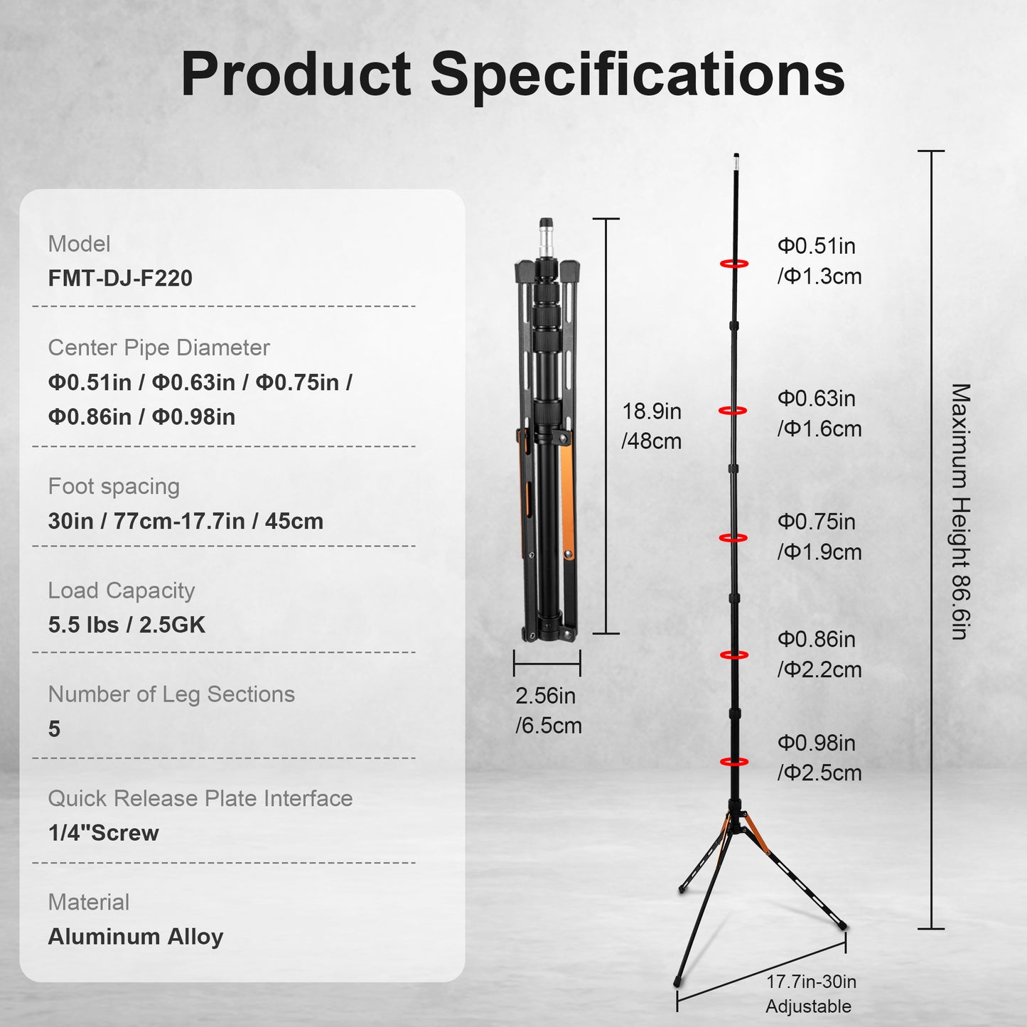 FOMITO Ultra-Flat Portable Light Stand 70"/86.6" Adjustable Aluminum Photography Tripod Stand for DJI Pocket 3, Cameras, Ring Light & Projectors (Model: FMT-DJ-F220)