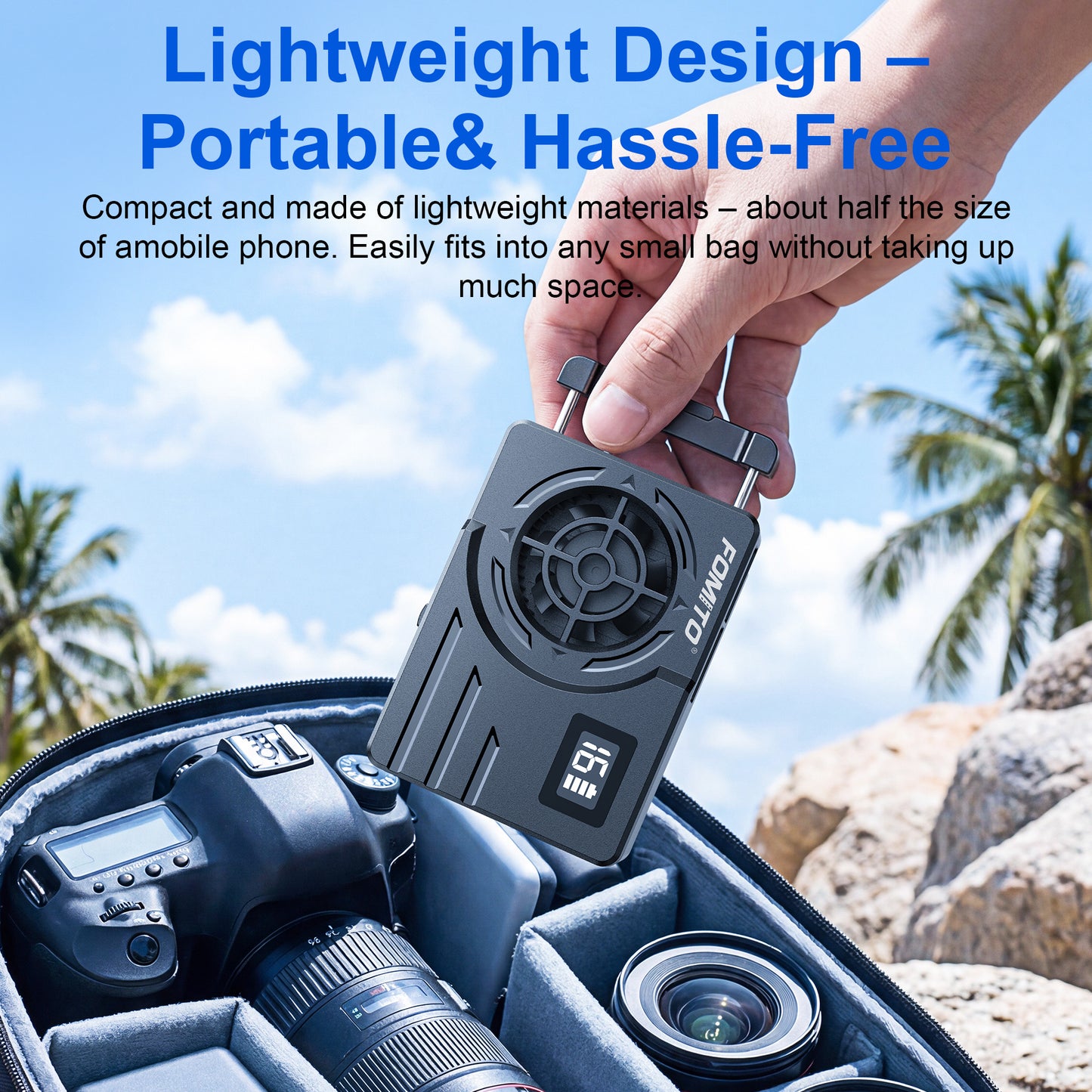 Fomito FS-08 Semiconductor Camera Cooler with Temperature Display & 2200mAh Battery - Instant Cooling Fan System for Sony, Canon, Fujifilm, Nikon Vloggers & Filmmakers