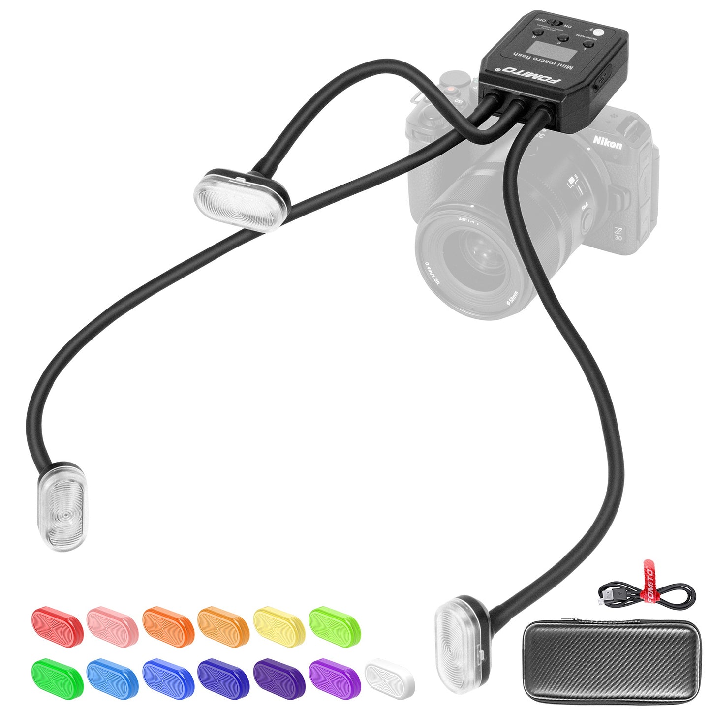 Fomito-K202L Mini Macro Flash, Single Contact Hotshoe, Three-Head with 13pcs Diffuser and Type-C Cable, 8 Levels of Adjustable Brightness, 9-Stop LED Light Effect, Built-in 3.7V/2000mAh Battery - 17.52inch-F0067