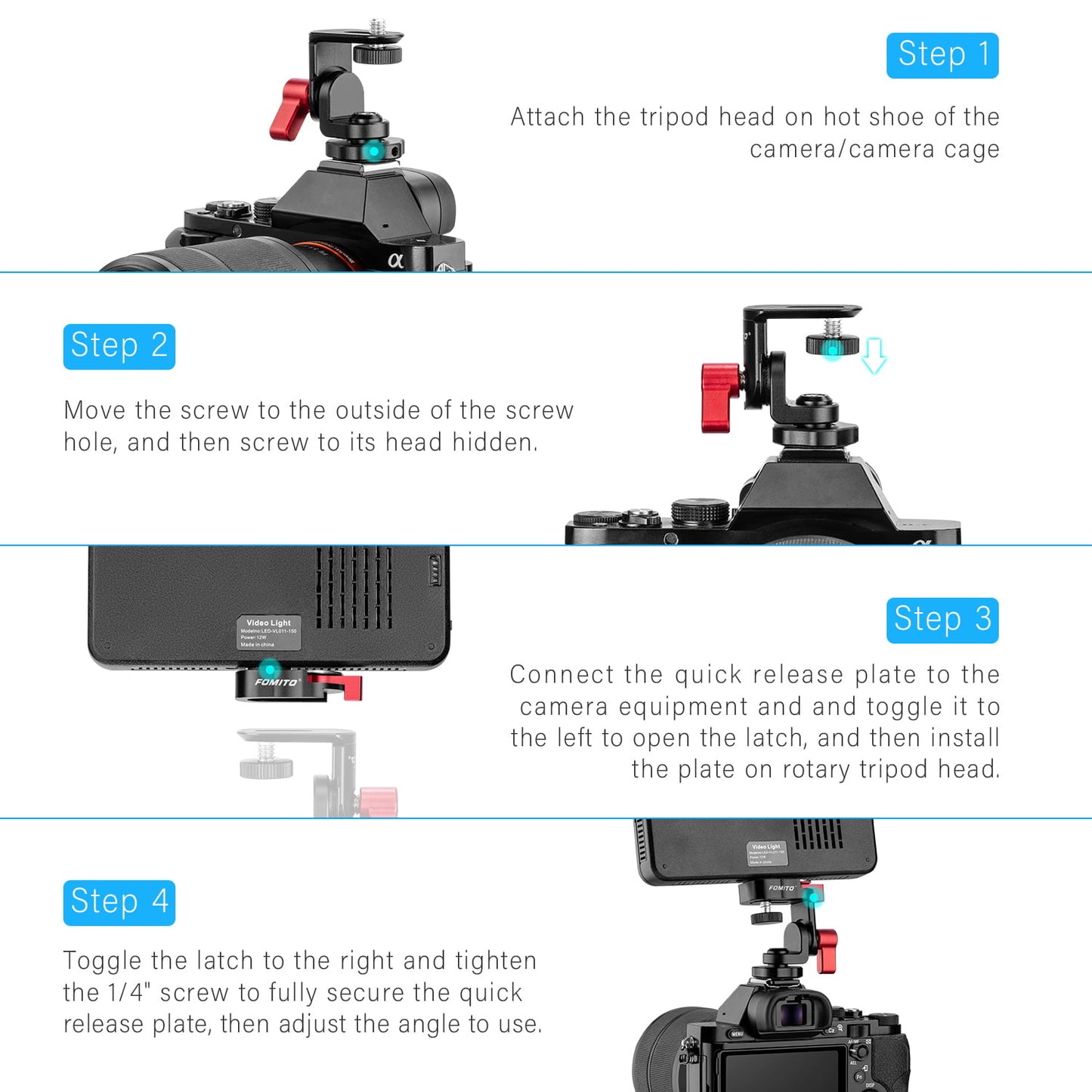 Fomito-Z2 Pro Rotary Tripod Head Camera Monitor Holder Mount Arm Hot Shoe Adapter for Flash Speedlite, Field Monitor, LED Video Light, Microphone-F0008