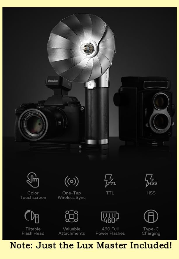Godox Lux Master TTL Retro Camera Flash - Touchscreen Control, 6000K±300k CCT, GN25 460 Full Power, S1/S2 Optical Control, Type-C Charging, for Canon for Nikon for Sony Cameras and Others