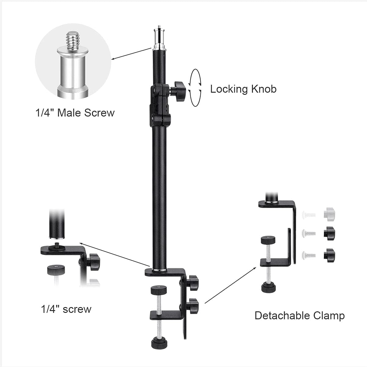 Fomito-FMT-ZJ-02 Camera Desk Mount Stand with 1/4" Ball Head and Phone Holder, 12.9-22" Adjustable Light Stand, Tabletop C Clamp for DSLR Camera, Ring Light, Live Streaming, Video Light, Smartphone, Panel Light-F0061
