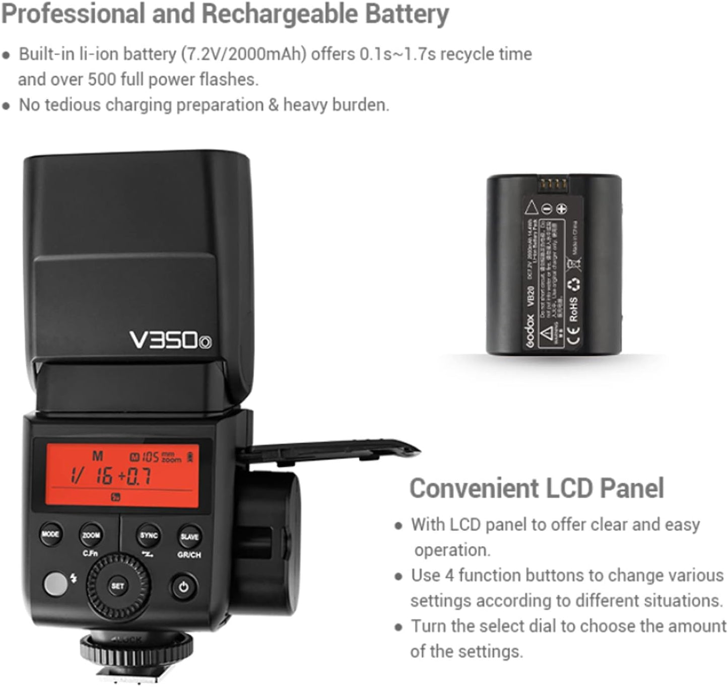 Godox V350O TTL Flash for Olympus Panasonic GN36 1/8000s HSS Camera Flash w/ 2000mAH Battery 500 Times Full Power Flash 0.1s-1.7s Recycle Time for Olympus Panasonic Camera (V350-O)