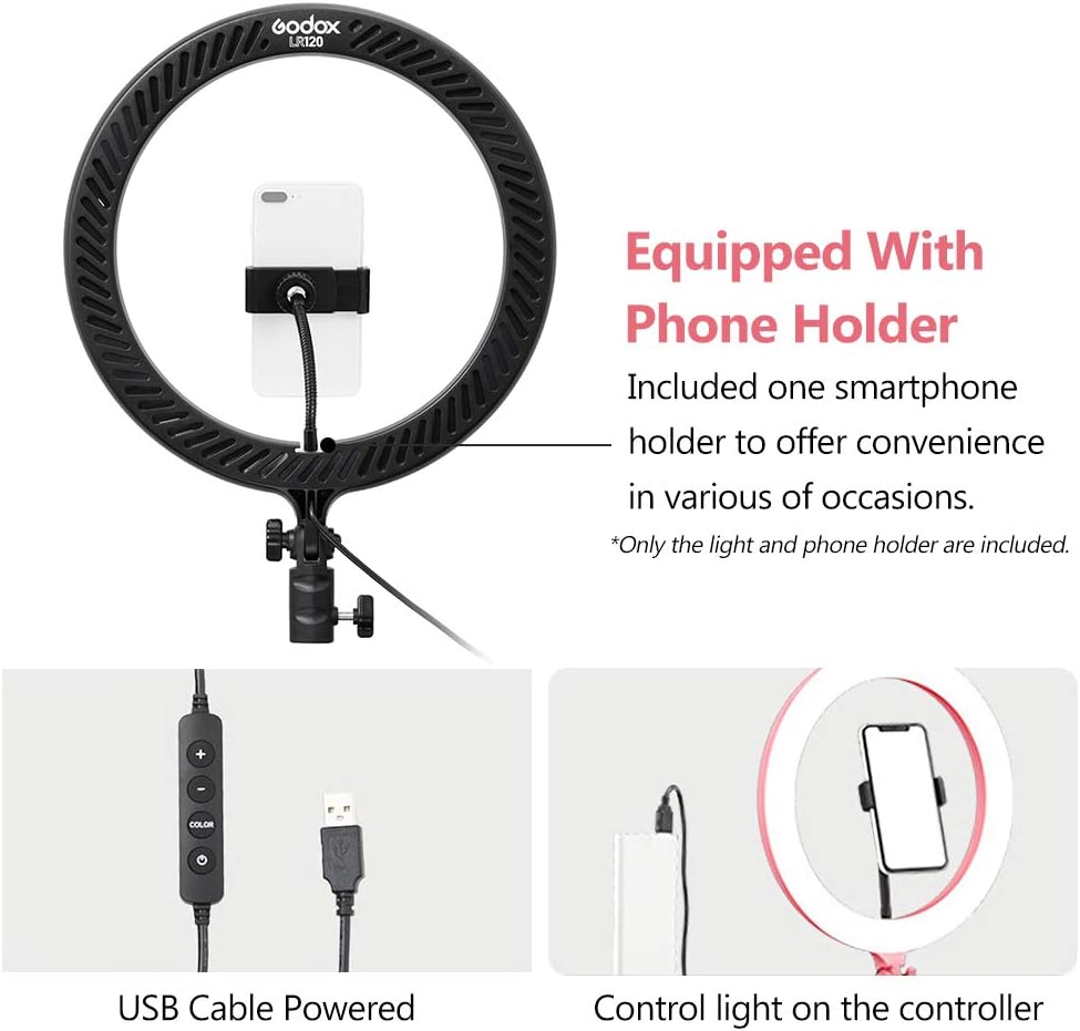 GODOX LR120 12 Inch LED Ring Light Photography Light Fill-in Light 3000K-6000K Bi-Color Temperature Adjustable Brightness USB Powered with Phone Holder for Live Streaming Selfie Makeup Photography