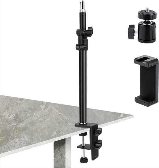 Fomito-FMT-ZJ-02 Camera Desk Mount Stand with 1/4" Ball Head and Phone Holder, 12.9-22" Adjustable Light Stand, Tabletop C Clamp for DSLR Camera, Ring Light, Live Streaming, Video Light, Smartphone, Panel Light-F0061
