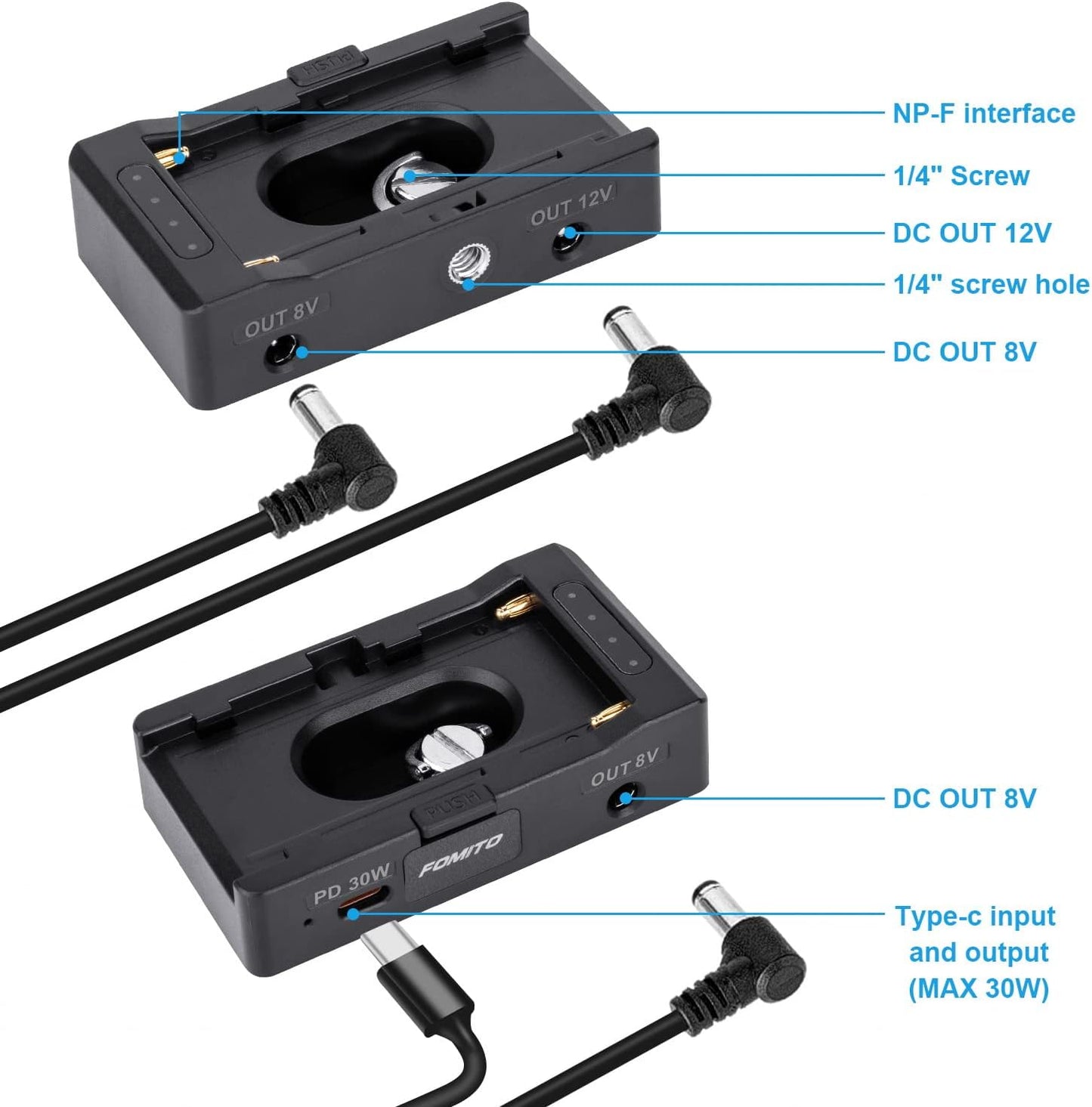 FOMITO NP-F970/960/770/750 NP-F Battery Plate with Power Indicator Light DC8V 12V USB-C 30W PD Output for DSLR Camera Field Monitor Microphone Smartphone