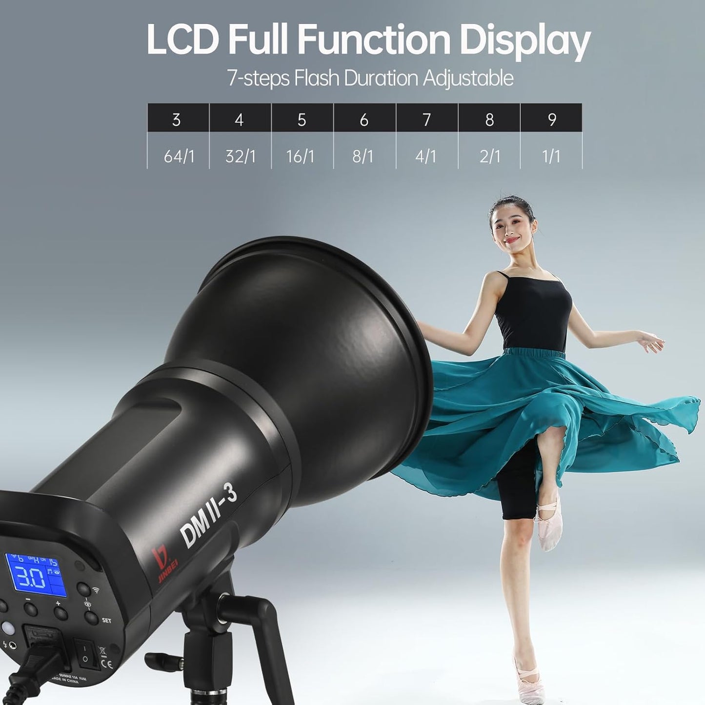 DMII-3 300W Studio Flash 5500K±200K 2.4G Wireless Strobe Flash Light Monlight with 15W LED Modeling Light,Bowens Mount,0.1~1.8S Recycle Time Easycap Mode,for Studio Portrait Commerce Photography