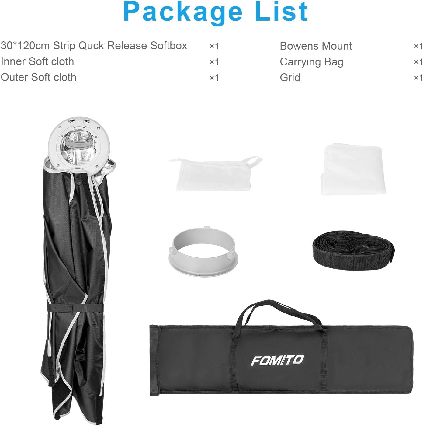 FOMITO- QS6090/QS30120/QS35160 11.8" x 47.2" Quick Release Strip Softbox 30x120cm Rectangular Bowens Mount Light Box with Beam Grid for Aputure Godox SmallRing Neewer YongNuo LED Monolight Studio Strobe Lighting-F0152/F0153/F0154