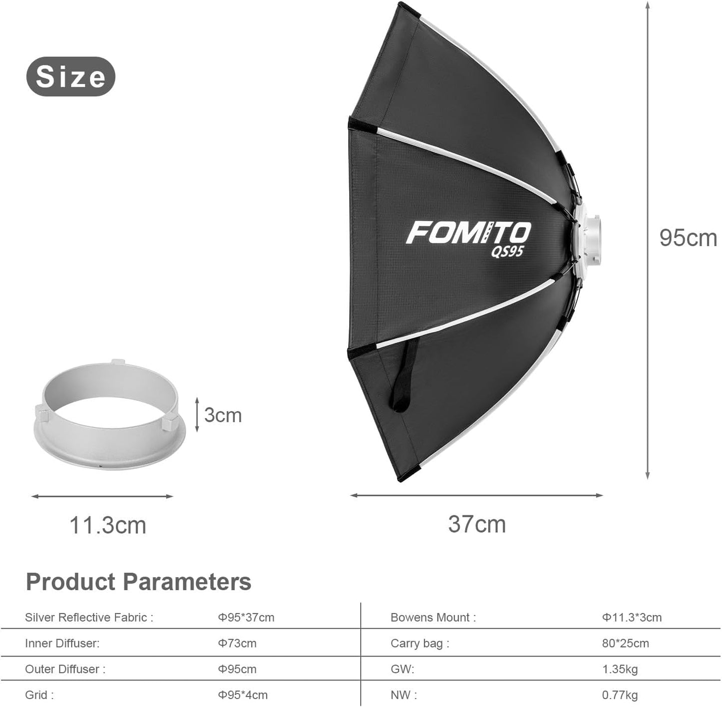 FOMITO-QS95/QS120 37"/95cm Umbrella Octagon Softbox Quick Release Photography Light Modifier with Bowens Speedring Mount Beam Grid for Aputure Godox SmallRing Neewer YongNuo LED Monolight Studio Strobe Lighting-F0150/F0151