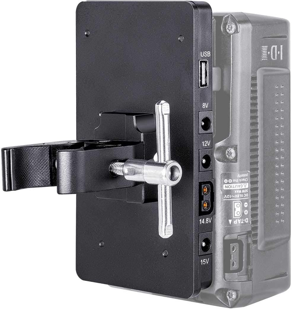 Fomito V-Lock V Mount Battery Adapter Plate with Super Clamp for Lighting Stand,Tripod, Support Rod, with D-TAP/DC/USB Power Output for Camcorder, DSLR Camera, LED Video Light, Monitor, Microphone