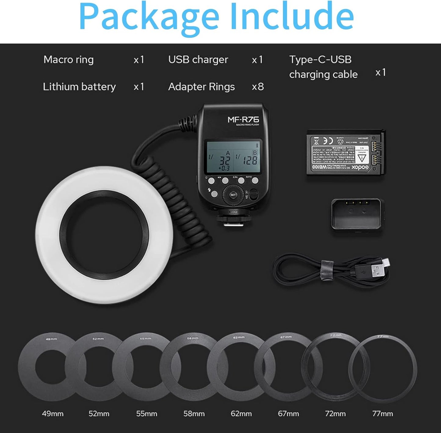 Godox MF-R76 Macro Ring Flash for Sony, for Canon, for Nikon, for Fuji Camera