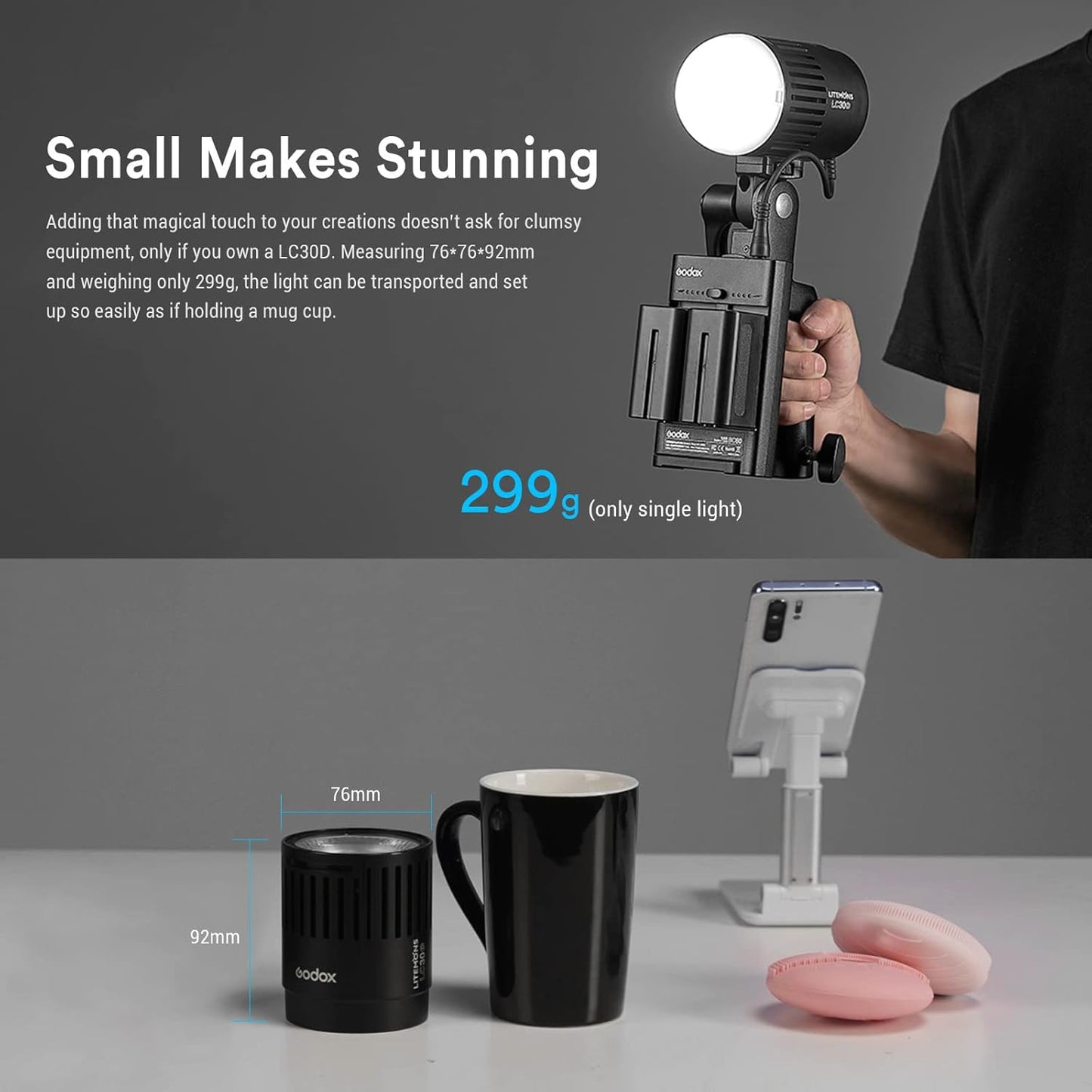 Godox LC30D LED Video Light,38W Tabletop LED Light,5600K 35800 LUX@0.5m,CRI 95+/TLCl 96+,0%-100% Dimming,8 FX Light Effects,for Live Streaming,Product Photography,Outdoor Shooting