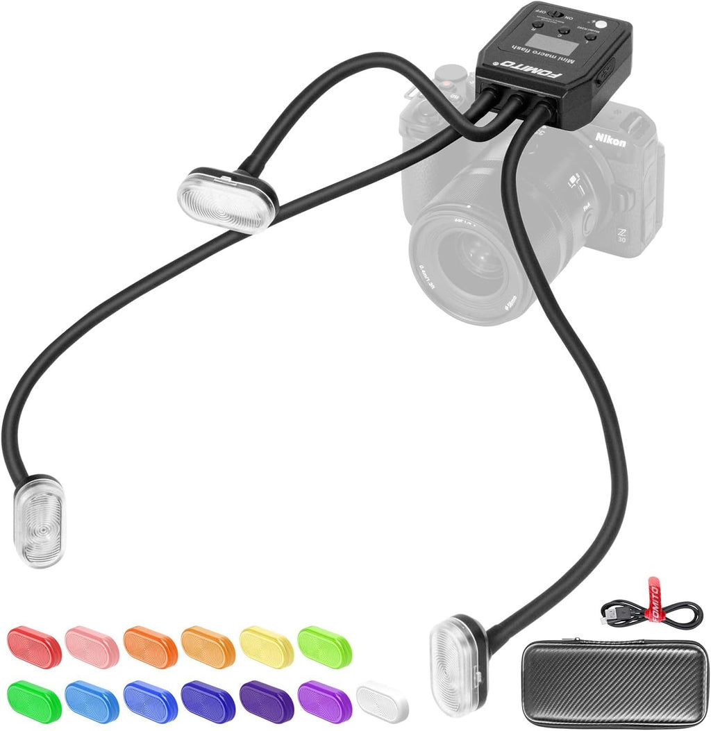 Fomito Mini Macro Flash, Single Contact Hotshoe, Three-Head with 13pcs Diffuser and Type-C Cable, 8 Levels of Adjustable Brightness, 9-Stop LED Light Effect, Built-in 3.7V/2000mAh Battery - 17.52inch