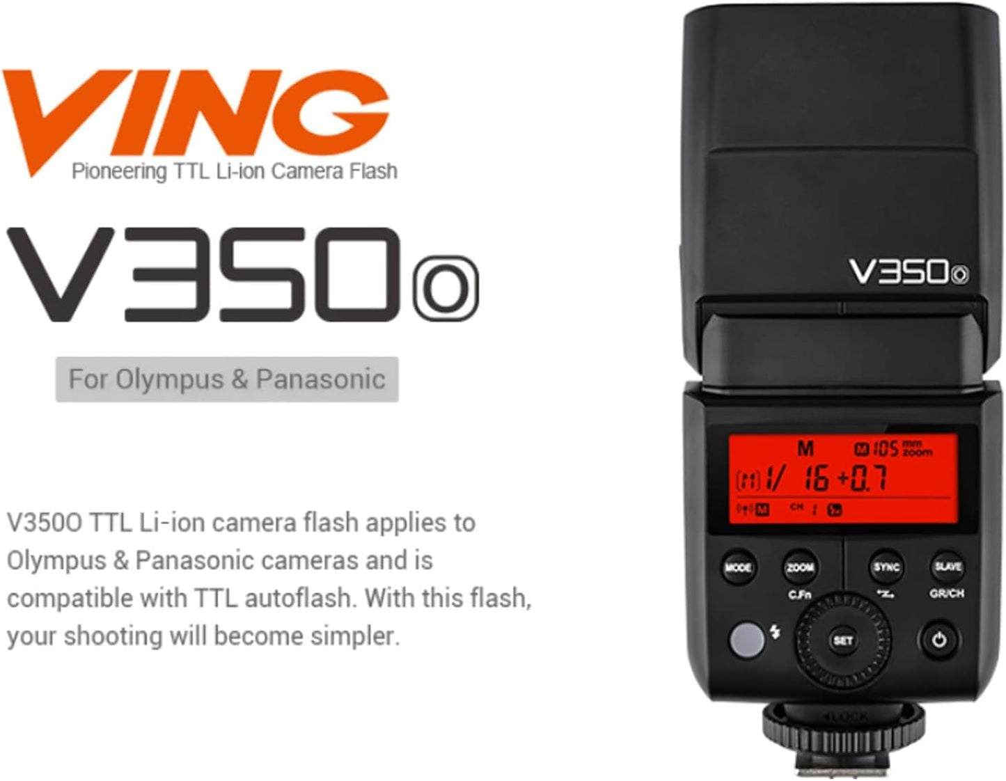 Godox V350O TTL Flash for Olympus Panasonic GN36 1/8000s HSS Camera Flash w/ 2000mAH Battery 500 Times Full Power Flash 0.1s-1.7s Recycle Time for Olympus Panasonic Camera (V350-O)