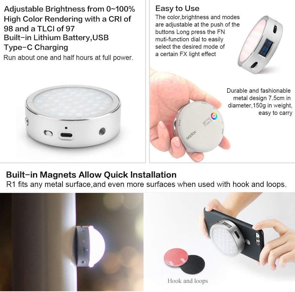 Godox R1 Round RGB Mini Creative Light, with Godox AK-R1 Accessories Kit, CRI 98 TLCI 97, Dimmable 2500K-8500K Full Color Video Light, 14 FX Lighting Effects, Music Mode, Magnetic Quick Install
