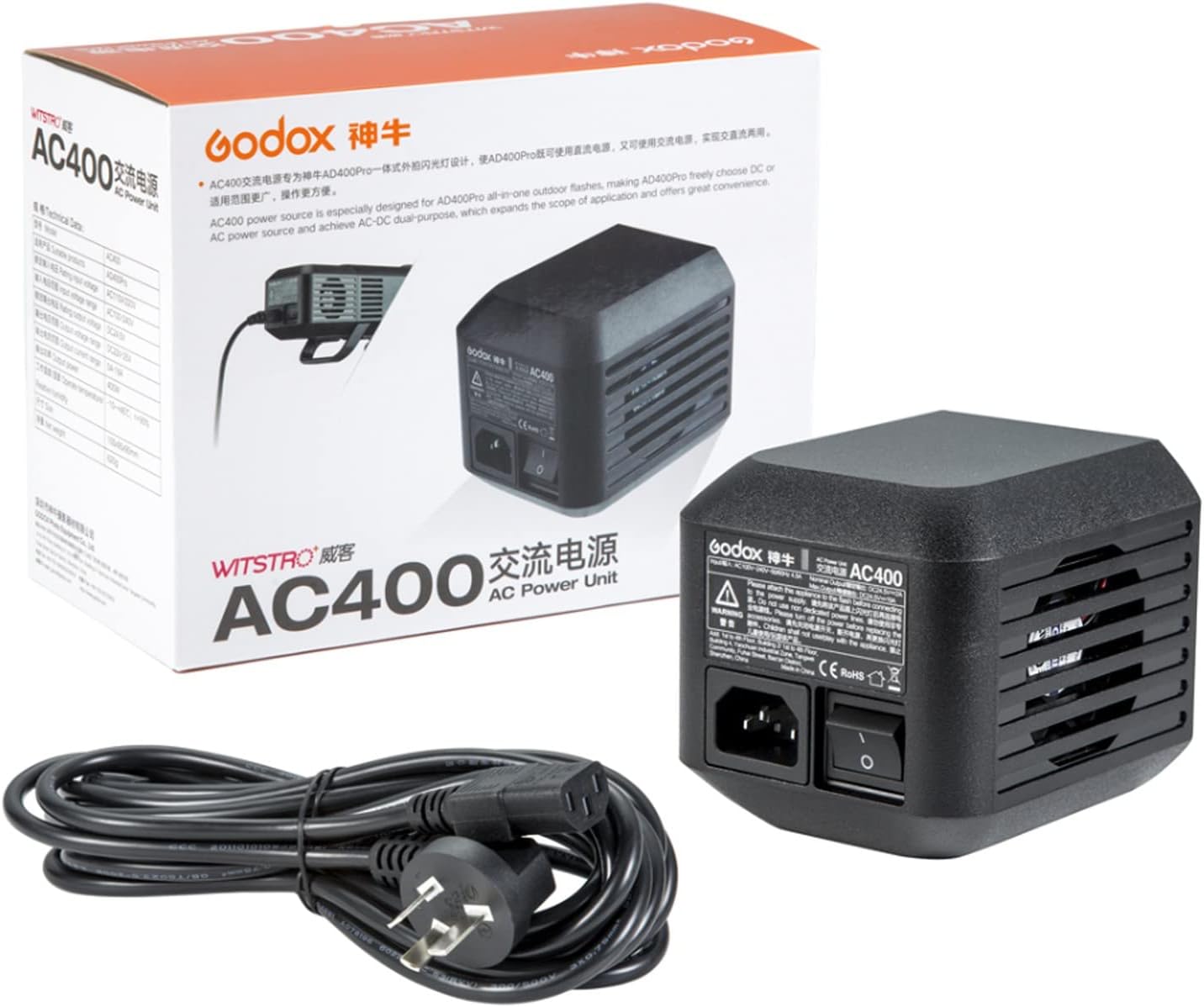 Godox AC400 AC Power Unit Source Adapter with 5m Cable for Godox AD400 Pro Monolights All-in-One Outdoor Flash Strobe (Godox AC-400 for AD400Pro)