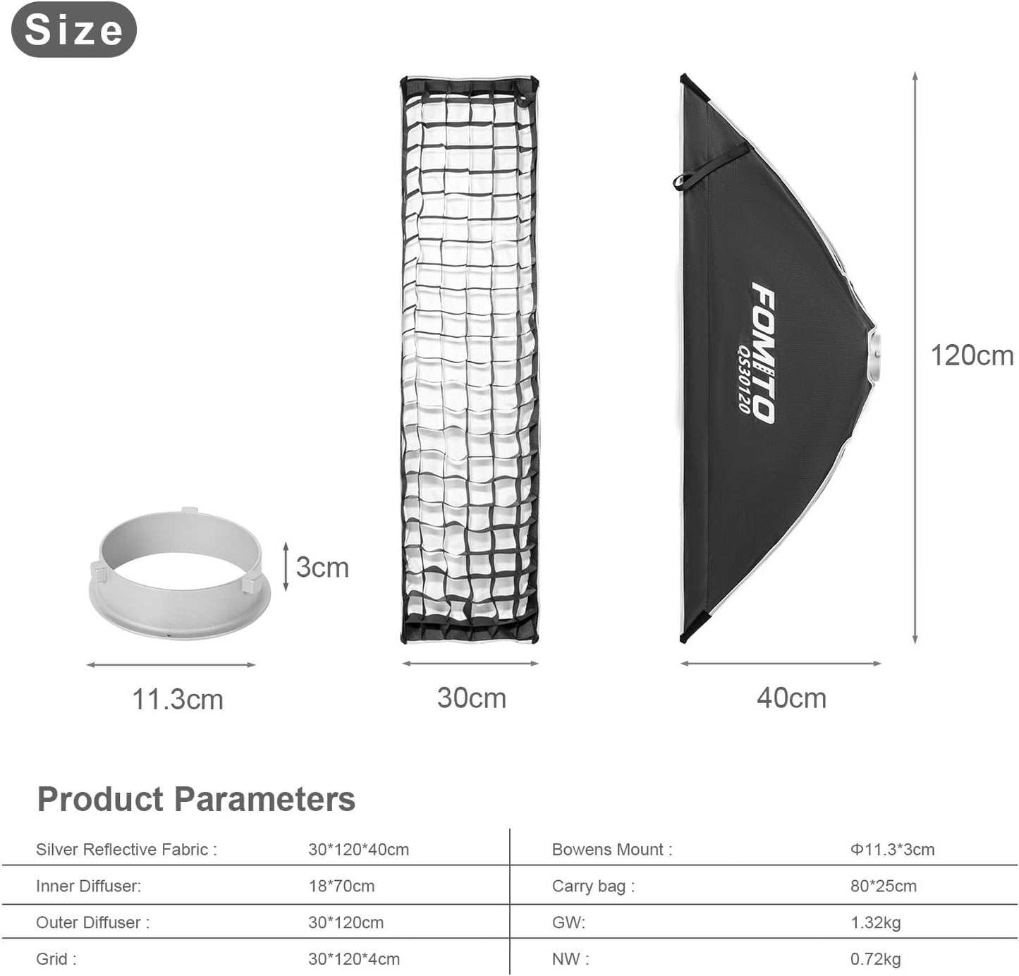 FOMITO- QS6090/QS30120/QS35160 11.8" x 47.2" Quick Release Strip Softbox 30x120cm Rectangular Bowens Mount Light Box with Beam Grid for Aputure Godox SmallRing Neewer YongNuo LED Monolight Studio Strobe Lighting-F0152/F0153/F0154