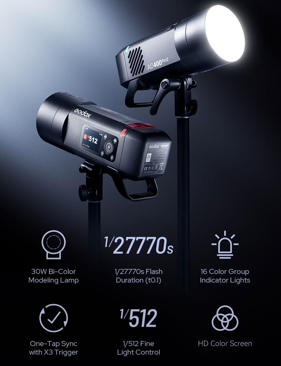 Godox AD400 Pro II AD400Pro II AD400ProII Flash, GN72 One-Tap Sync with X3/30W Bi-Color Modeling Lamp/Color Screen/16 Color Groups Indicator/Freeze Mode/460 Flashes/1/512~1/1 (with ± 0.1 Increment)