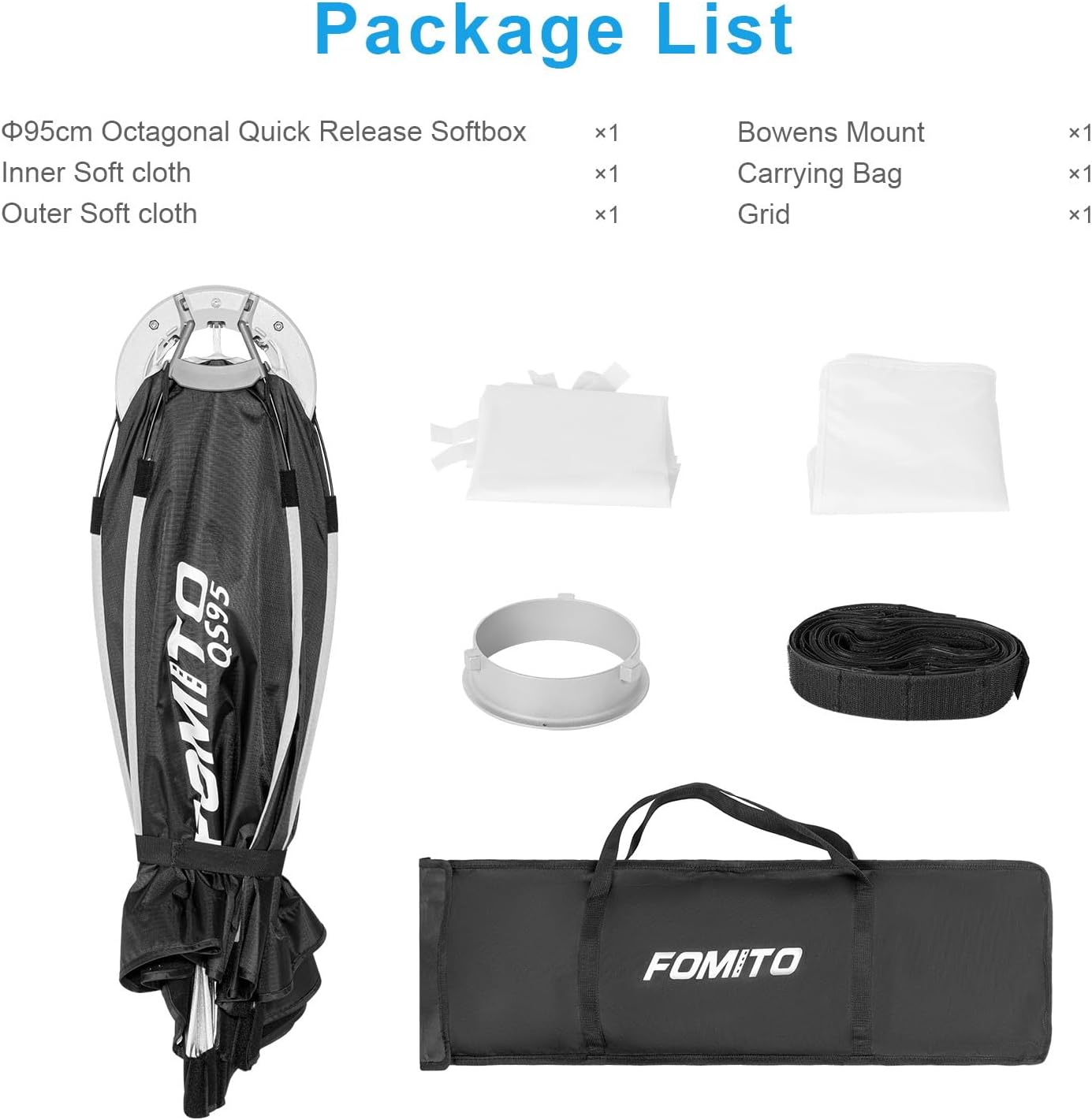FOMITO-QS95/QS120 37"/95cm Umbrella Octagon Softbox Quick Release Photography Light Modifier with Bowens Speedring Mount Beam Grid for Aputure Godox SmallRing Neewer YongNuo LED Monolight Studio Strobe Lighting-F0150/F0151