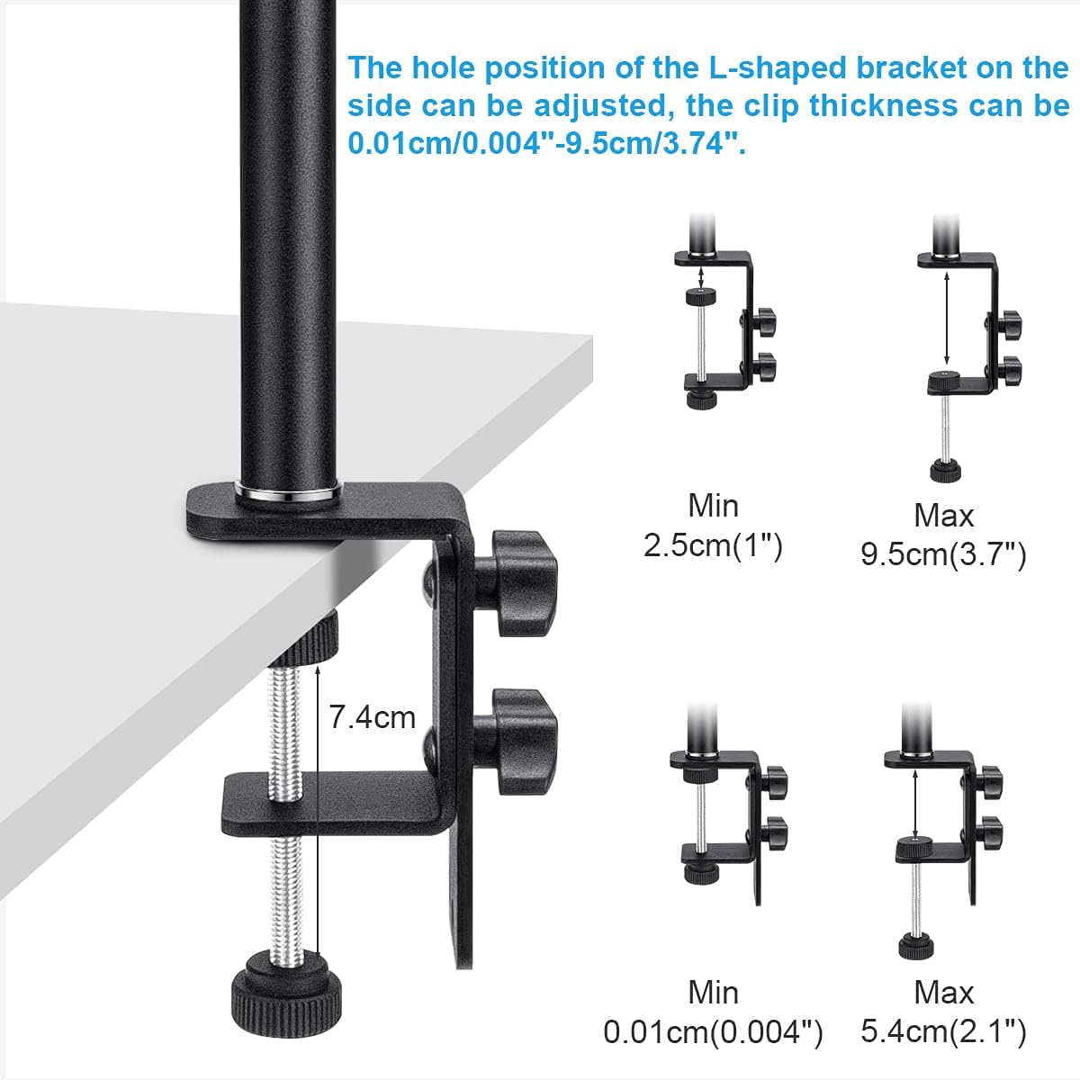 Fomito-FMT-ZJ-02 Camera Desk Mount Stand with 1/4" Ball Head and Phone Holder, 12.9-22" Adjustable Light Stand, Tabletop C Clamp for DSLR Camera, Ring Light, Live Streaming, Video Light, Smartphone, Panel Light-F0061