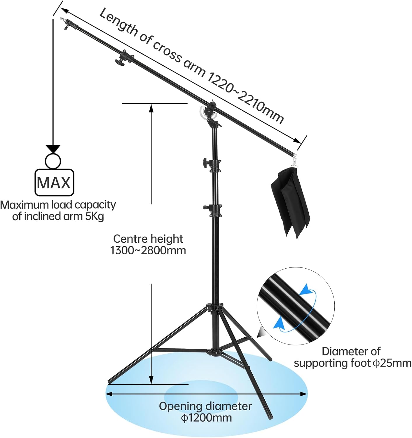 JINBEI 16.4FT 500cm Heavy Boom Arm with Sandbag Light Stand 22LBS Bearing Rotatable Adjustable Aluminum Holding Arm Load M-3 for Studio Photography Video