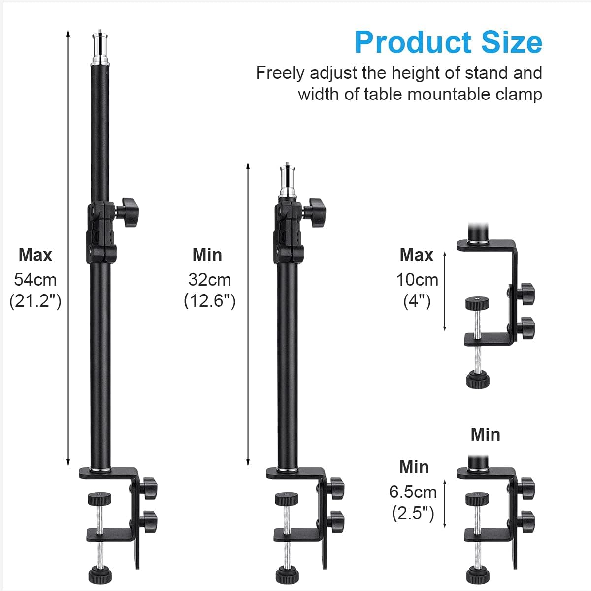 Fomito-FMT-ZJ-02 Camera Desk Mount Stand with 1/4" Ball Head and Phone Holder, 12.9-22" Adjustable Light Stand, Tabletop C Clamp for DSLR Camera, Ring Light, Live Streaming, Video Light, Smartphone, Panel Light-F0061