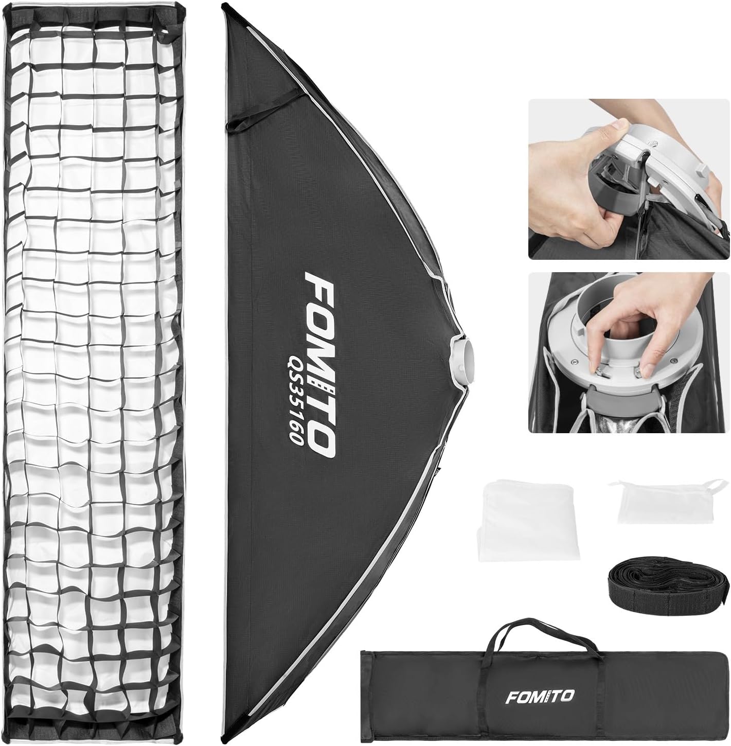 FOMITO- QS6090/QS30120/QS35160 11.8" x 47.2" Quick Release Strip Softbox 30x120cm Rectangular Bowens Mount Light Box with Beam Grid for Aputure Godox SmallRing Neewer YongNuo LED Monolight Studio Strobe Lighting-F0152/F0153/F0154