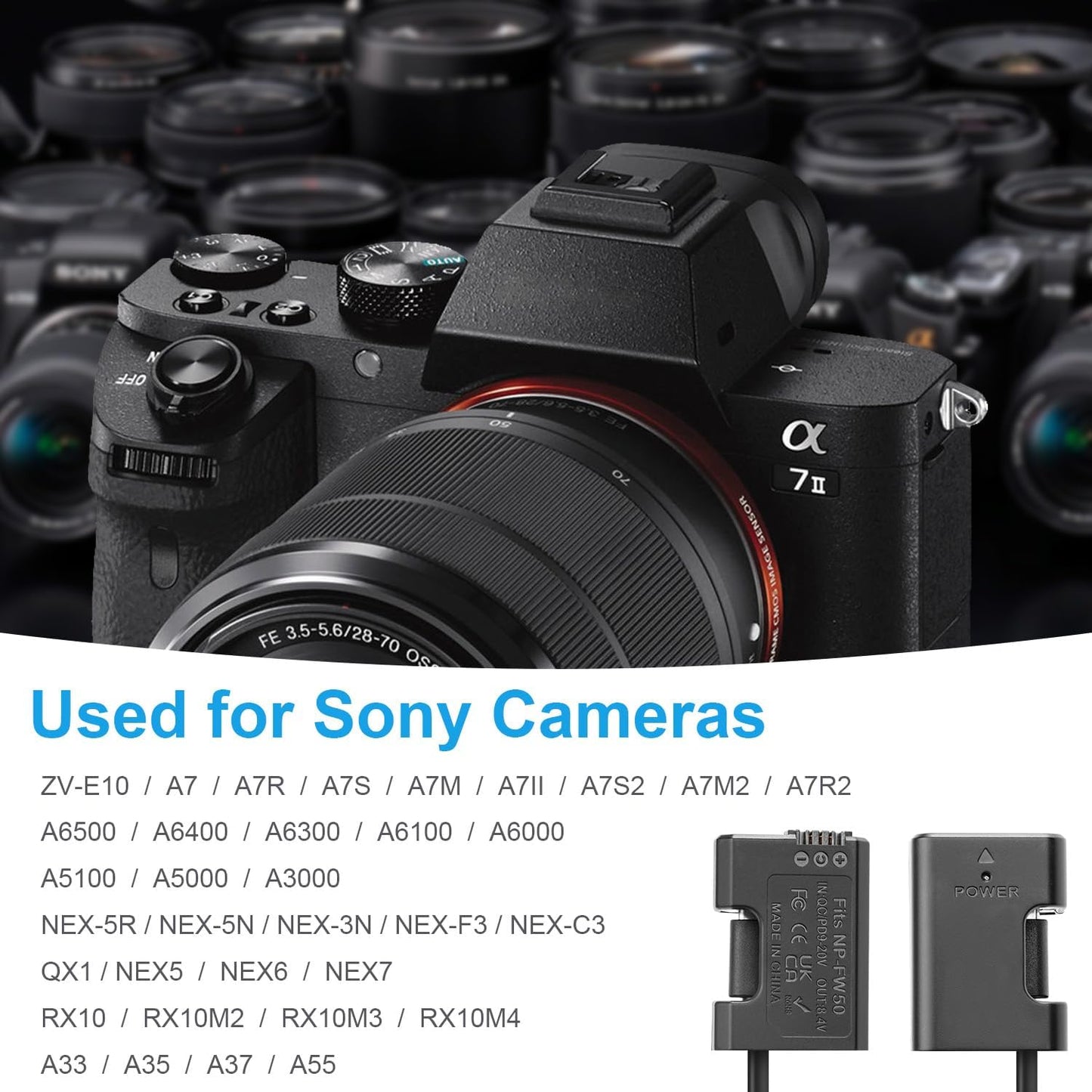 FOMITO-NP-FW50 Dummy Battery Decoded NP-FW50 Battery with Type-C Straight Line 3M Power Adapter Cable for Sony A6500 A6300 A6100 ZV-E10 A7 A7II A7RII A7SII A7R A37 A55 NEX-3N NEX-F3 RX10 RX10M4 Camera-F0095