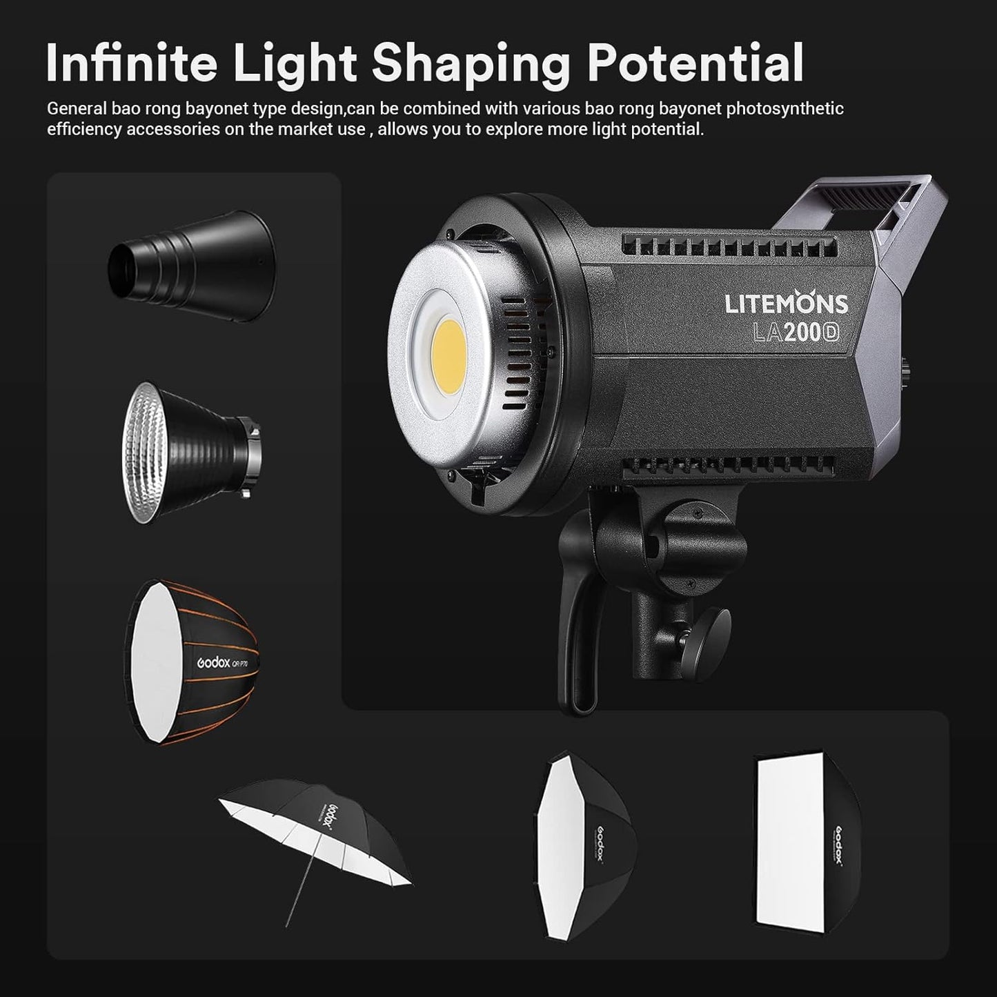 Godox LA200D LED Video Light, 200W 101000LUX@1M Daylight Studio Light, 5600K Bowens Mount LED Continuous Light, CRI 96+ 8 FX Effect 0-100% Dimming APP Control Photography LED Light