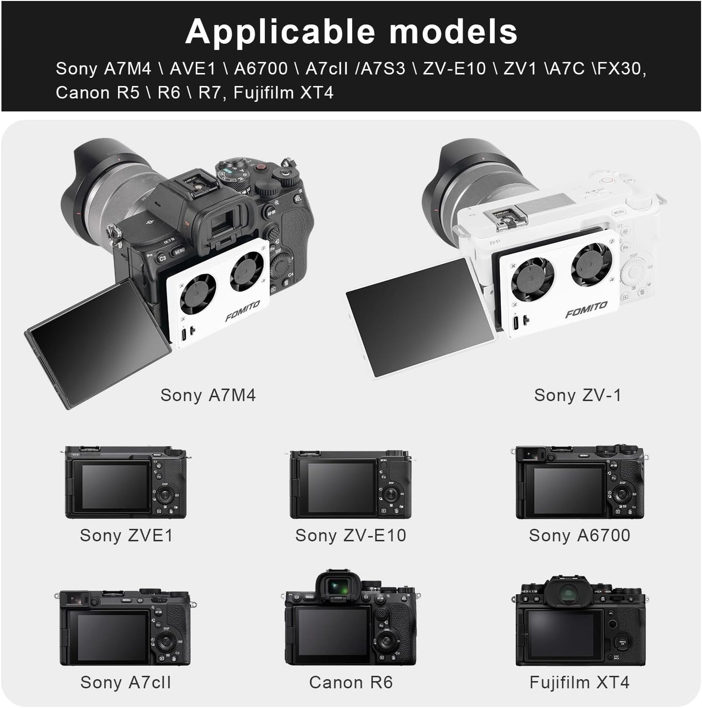 FOMITO-FS-03 Camera Video Dual Cooling Fans Built-in Battery with Magnetic Case for Sony A7M4 A7cII A7c A7S3 ZV-1 ZV-10 ZVE1 A6700 FX30 Canon R5 R6 R7 Fujifilm XT4 White-F0193