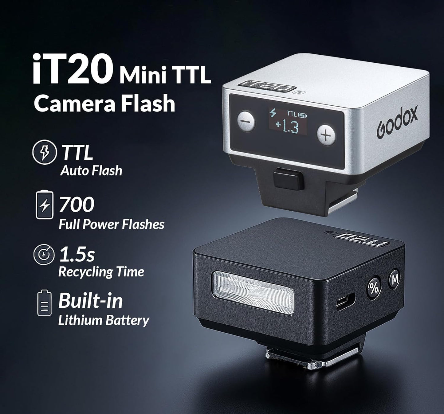 Godox IT20 S IT20S Flash for Sony,GODOX iT20S IT20 S Mini Camera Flash, TTL/Manual Modes,7.4V 300mAh Battery,1.5s Recycle,with ±⅓ Increment,Hot Shoe Triggering,Includes Spreader/Color Filter (Black)
