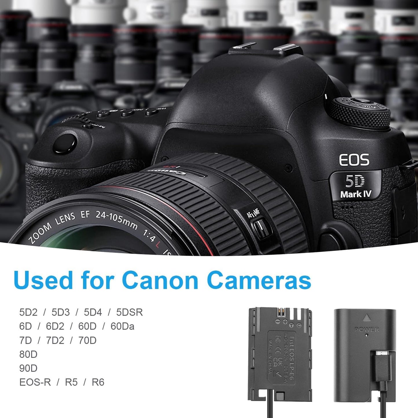 FOMITO-LP-E6 Dummy Battery Decoded LP-E6 Battery Replacement with Type-C Spring Power Adapter Cable for Canon 5D2 5D3 5D4 5DSR 6D 6D2 60D 60Da 7D 7D2 70D 80D 90D EOS-R R5 R6 Cameras-F0077