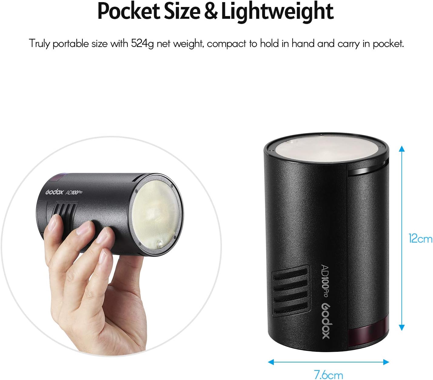 GODOX AD100Pro Pocket Studio Flash Light Photography Light OLED Screen 5800K 1/8000s Sync TTL/Multi/M Flash Built-in 2.4G Wilreless X System 5 Groups 32 Channels with Rechargeable 2600mAh Battery
