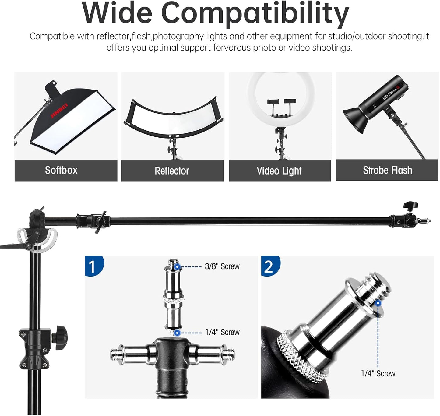 JINBEI 16.4FT 500cm Heavy Boom Arm with Sandbag Light Stand 22LBS Bearing Rotatable Adjustable Aluminum Holding Arm Load M-3 for Studio Photography Video