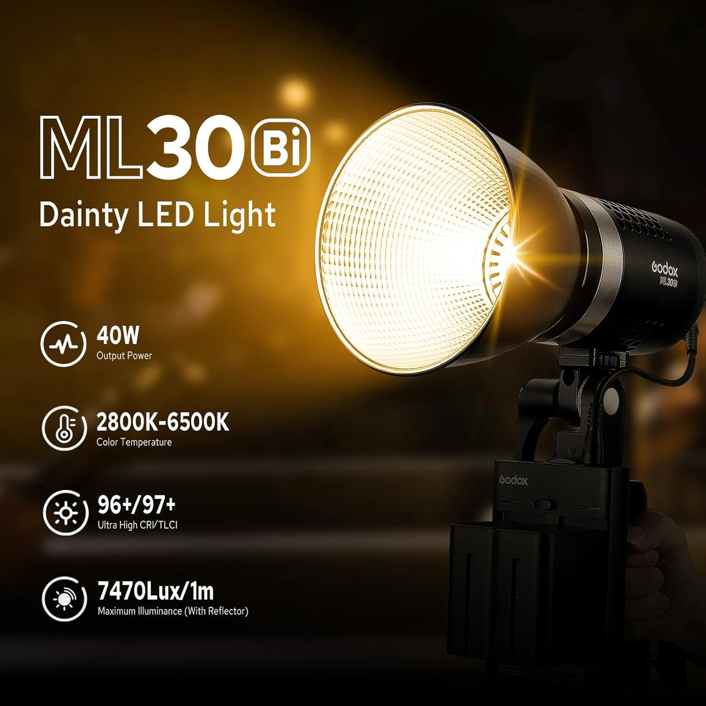 Godox ML30Bi Handheld Bi-Color LED Video Light, Portable Studio LED Continuous Light 2800K-6500K, 41000 lumens CRI 96+ TLCI 97+, 21 FX Effects, APP Control, Silent Mode, Compatible with Godox Mount
