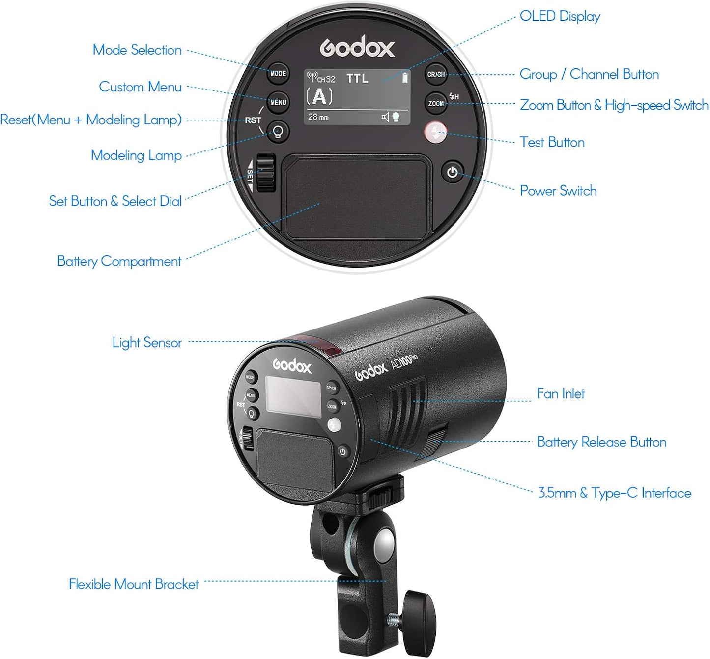 GODOX AD100Pro Pocket Studio Flash Light Photography Light OLED Screen 5800K 1/8000s Sync TTL/Multi/M Flash Built-in 2.4G Wilreless X System 5 Groups 32 Channels with Rechargeable 2600mAh Battery