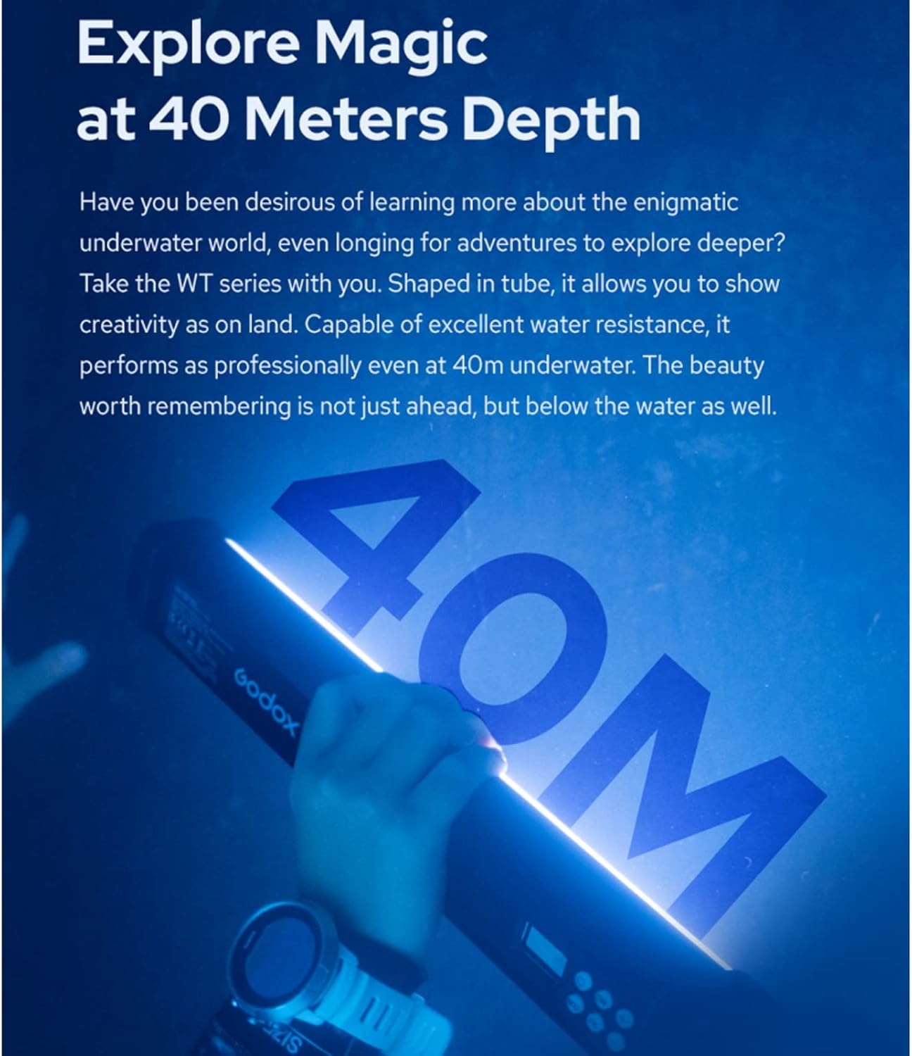 Godox WT60R 64CM RGB Dive Light Stick Waterproof Light Wand, 40m IP68 LED Video Light 37 FX Light Effects CCT 1800K-10000K TLCI≥96 CRI≥96 Bluetooth Control for Underwater Photography Videography