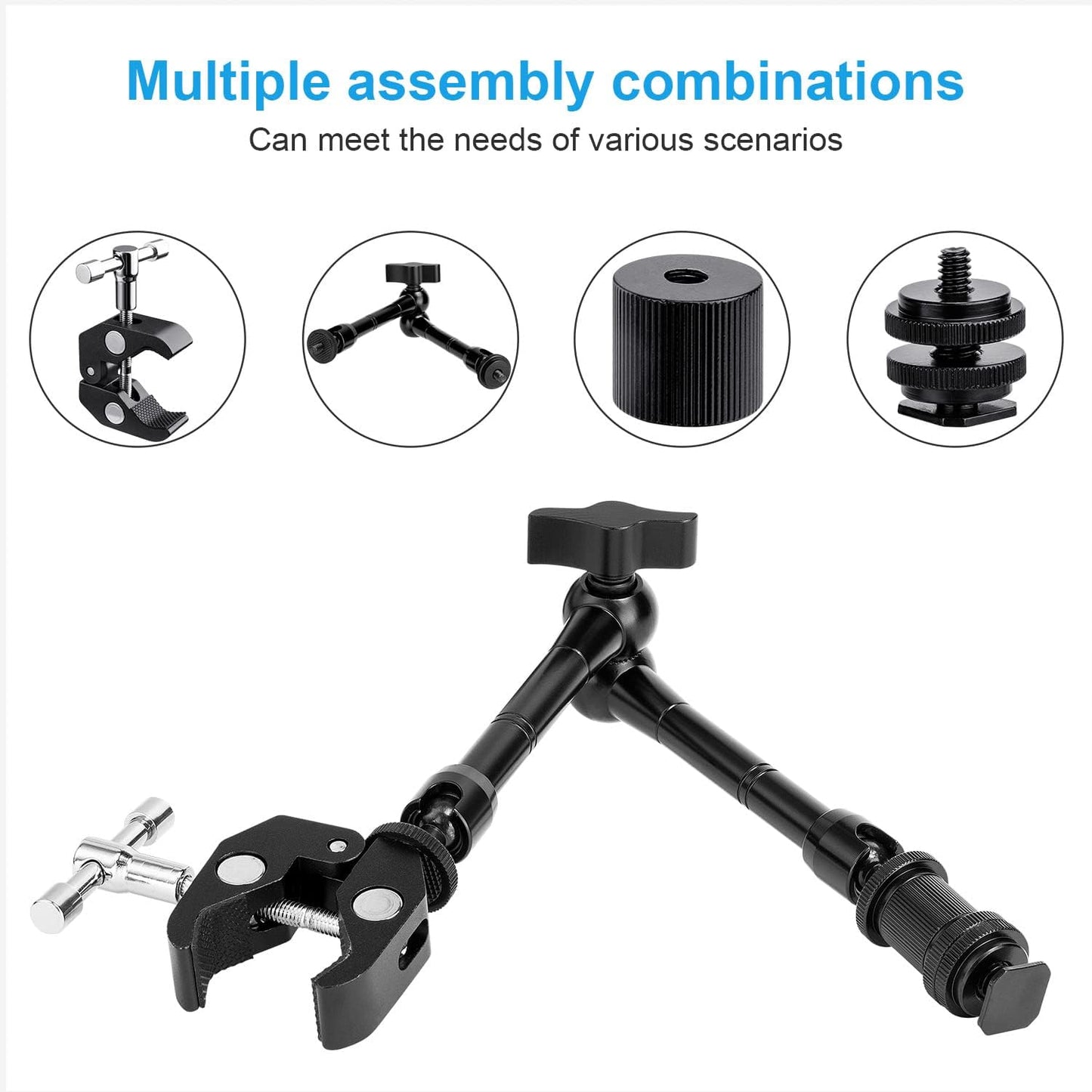FOMITO- 11C+DXJ inch Articulating Magic Arm + Super Clamp for DSLR Rig Camera to LCD Monito, LED Video Light-F0038