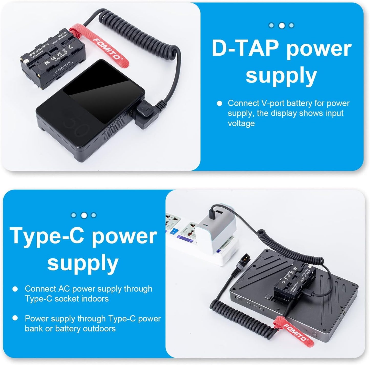 FOMITO-NP-2C Battery Interface Three-Way Conversion, F990 Double-Sided Dummy Battery, Applicable to Monitors, LED Lights, Cameras etc-F0120