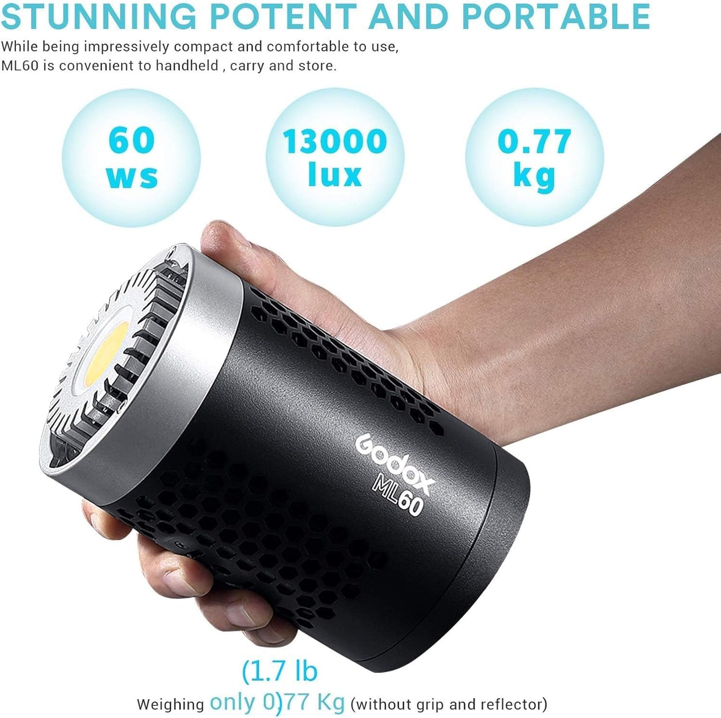 Godox ML60 Handheld LED Video Light, 60W 69000LUX Daylight Studio LED Light 5600K Portable LED Light, CRI 96+ 8 FX Effects Professional LED Light with Silent Mode