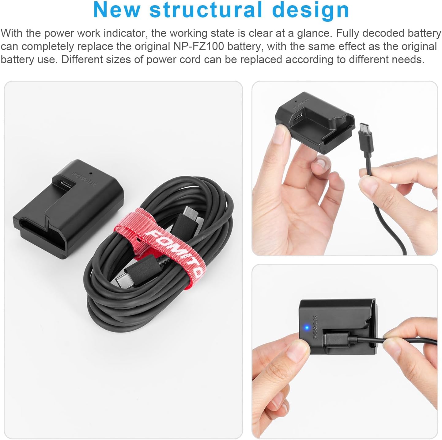 FOMITO-NP-FZ100 Dummy Battery Decoded NP-FZ100 FZ100 Battery Replacement with Type-C Straight Line 3M Power Adapter Cable for Sony A9M2 ILCE-9 A1 A7M3 A7S3 A7R3 A7R5 A7C2 A7CR A6600 A6700 FX30 Cameras-F0100