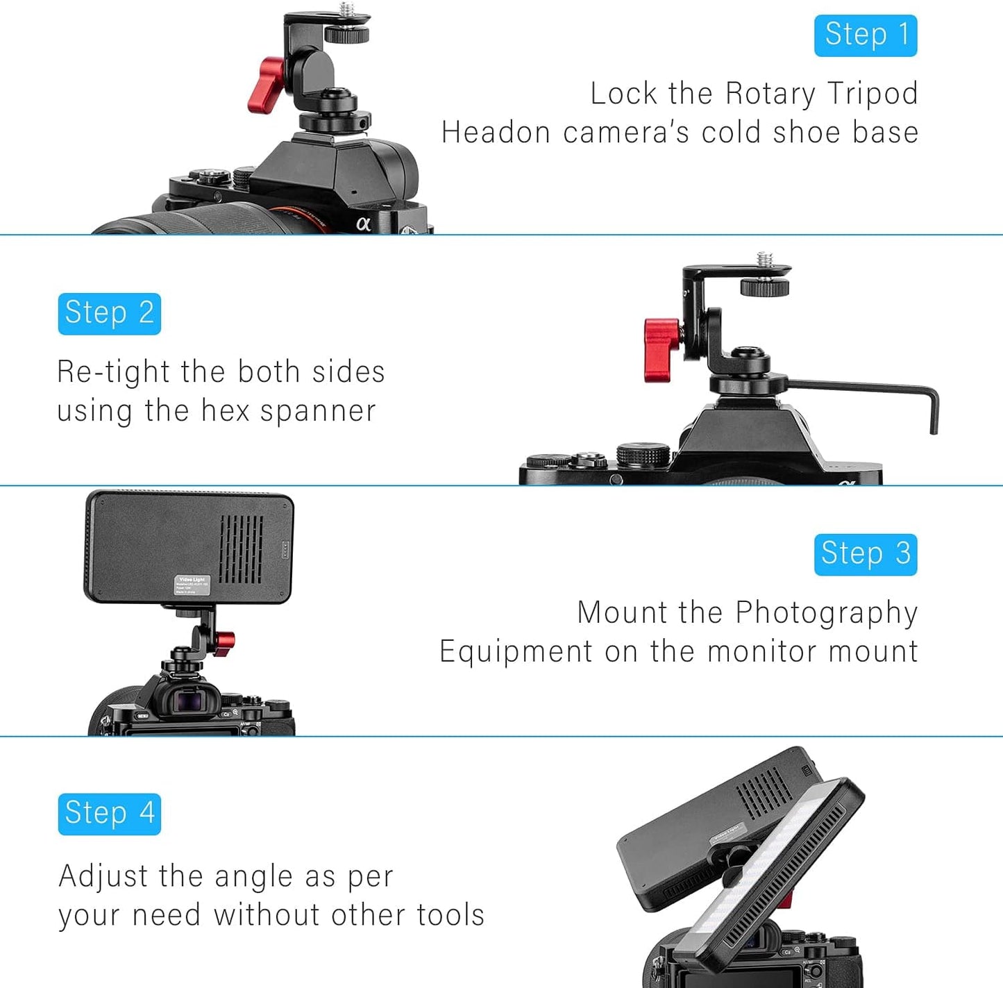 Fomito-Z2 Pro Rotary Tripod Head Camera Monitor Holder Mount Arm Hot Shoe Adapter for Flash Speedlite, Field Monitor, LED Video Light, Microphone-F0008
