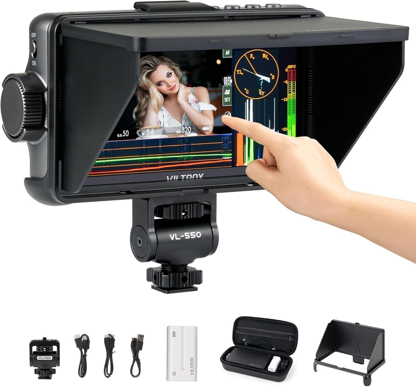 VILTROX 5.5 Inch 1200nits 4Kp30 HDMI Video Field Monitor, 10bit HDR Daylight Viewable 1920 x 1080 Portable Monitor Recorder, Hot Shoe Mount, Battery, Sunshine Hood