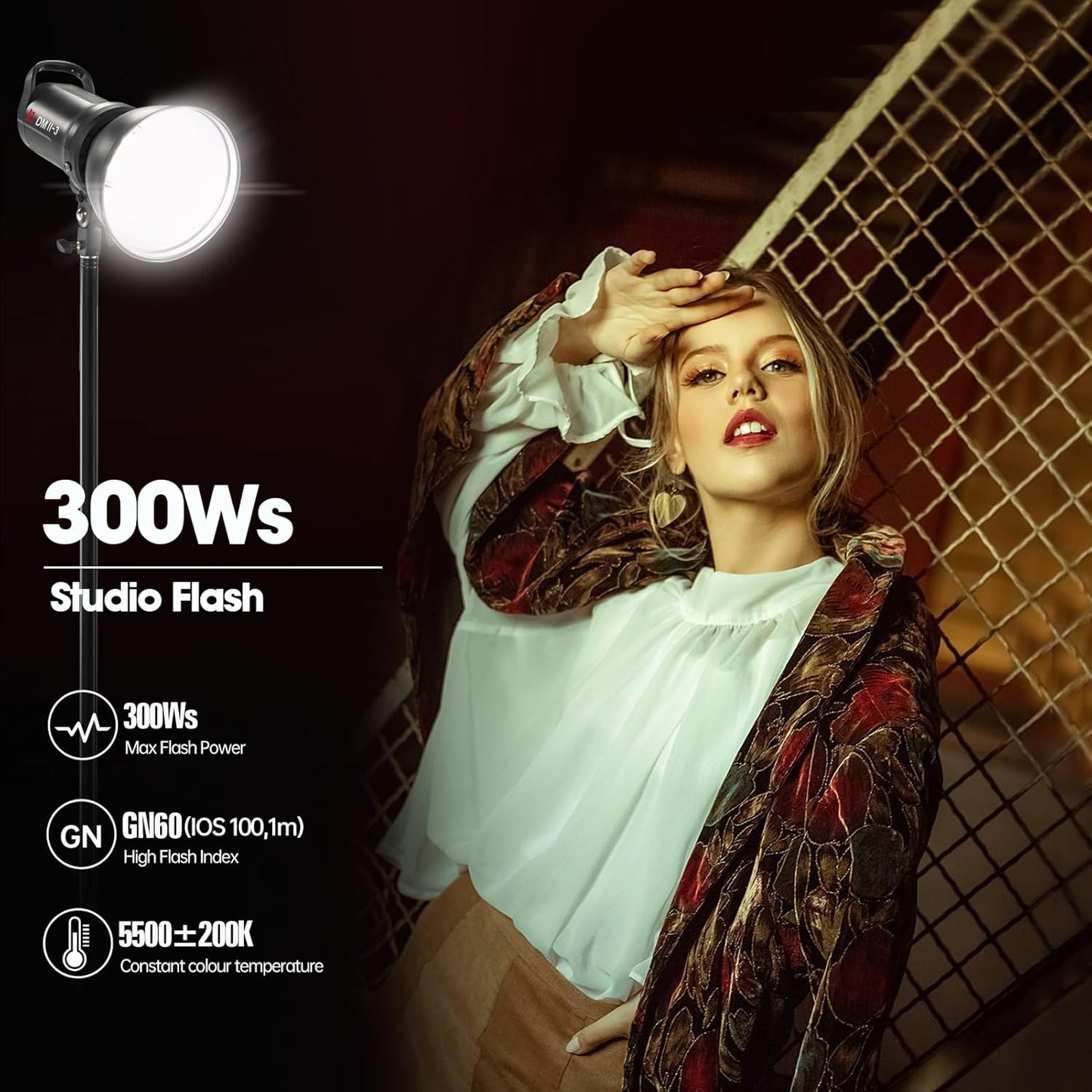 DMII-3 300W Studio Flash 5500K±200K 2.4G Wireless Strobe Flash Light Monlight with 15W LED Modeling Light,Bowens Mount,0.1~1.8S Recycle Time Easycap Mode,for Studio Portrait Commerce Photography