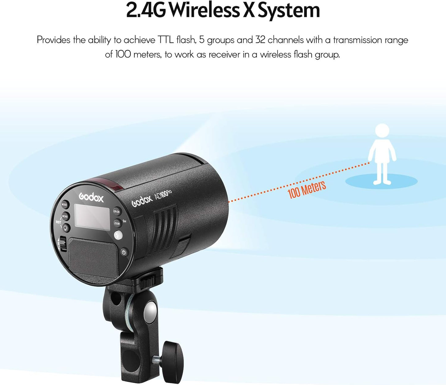 GODOX AD100Pro Pocket Studio Flash Light Photography Light OLED Screen 5800K 1/8000s Sync TTL/Multi/M Flash Built-in 2.4G Wilreless X System 5 Groups 32 Channels with Rechargeable 2600mAh Battery