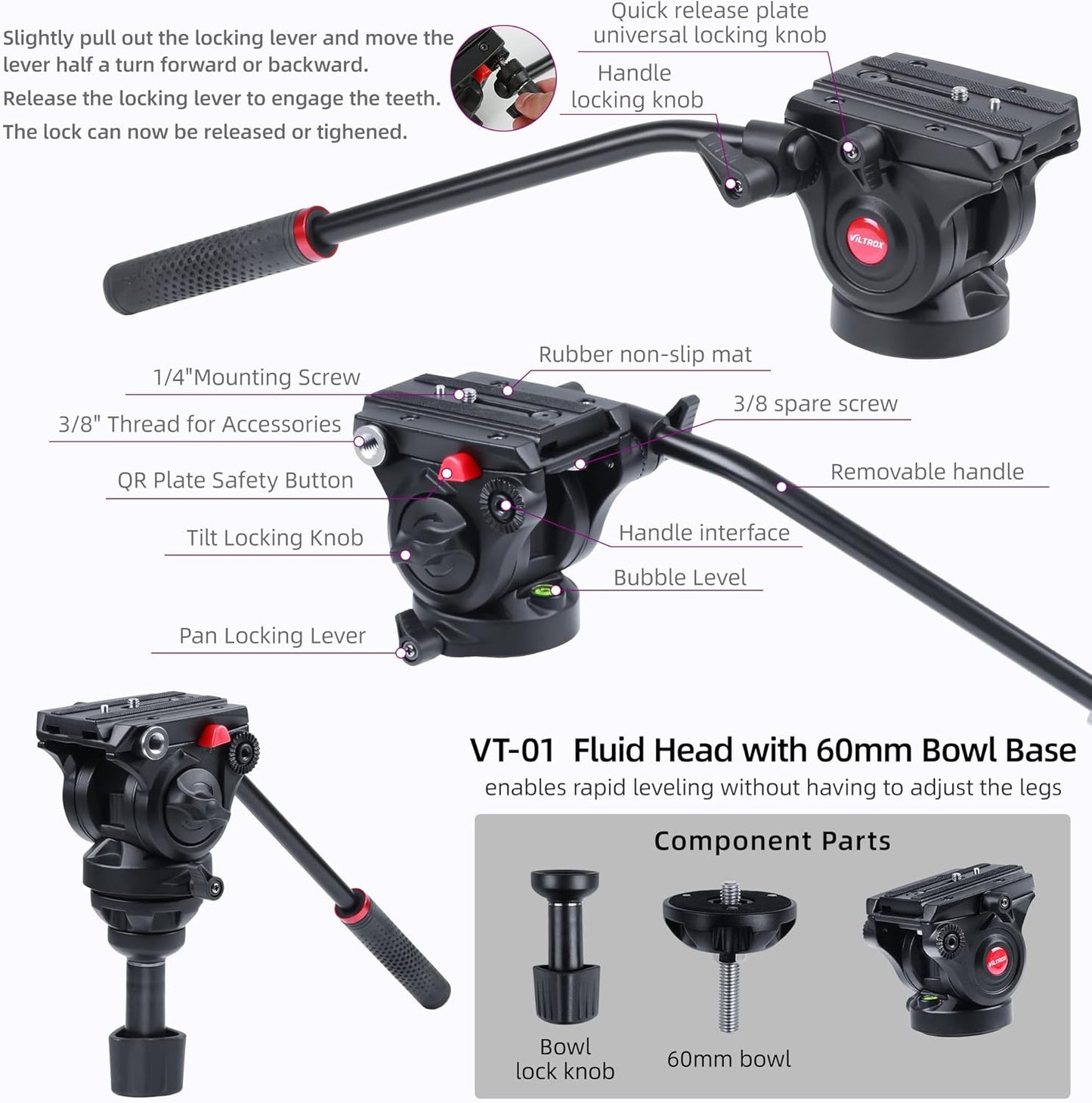 VILTROX Heavy Duty Tripod, 74 Inch Fluid Head Video Tripod, 22lbs Sturdy Heavy-Duty Tripod with QR Plate, Hand Bar, Carrying Bag, Mid-Level Spreader Travel Tripod for DSLR Camcorder (VX-18M II)