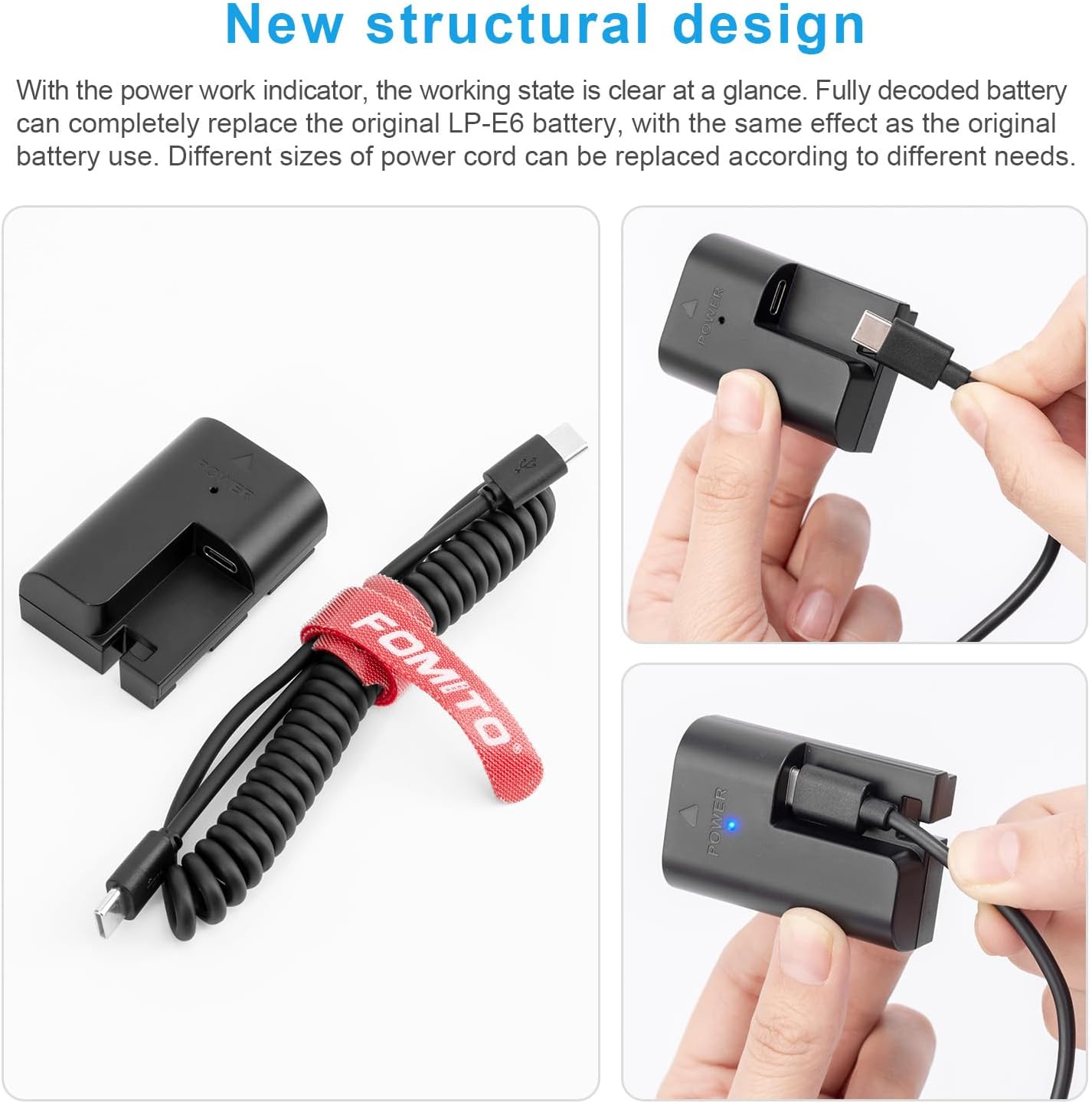 FOMITO-LP-E6 Dummy Battery Decoded LP-E6 Battery Replacement with Type-C Spring Power Adapter Cable for Canon 5D2 5D3 5D4 5DSR 6D 6D2 60D 60Da 7D 7D2 70D 80D 90D EOS-R R5 R6 Cameras-F0077