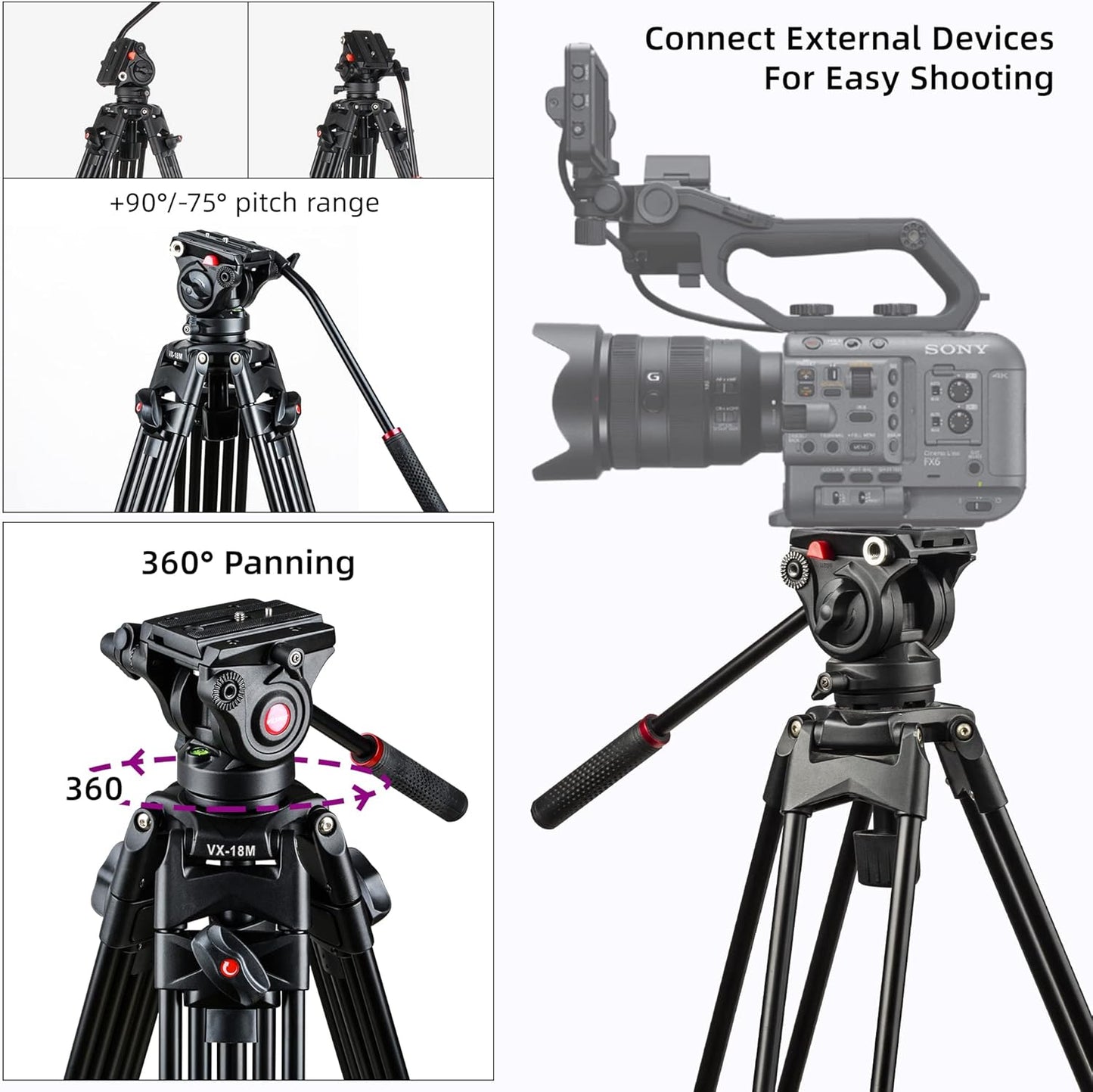VILTROX Heavy Duty Tripod, 74 Inch Fluid Head Video Tripod, 22lbs Sturdy Heavy-Duty Tripod with QR Plate, Hand Bar, Carrying Bag, Mid-Level Spreader Travel Tripod for DSLR Camcorder (VX-18M II)