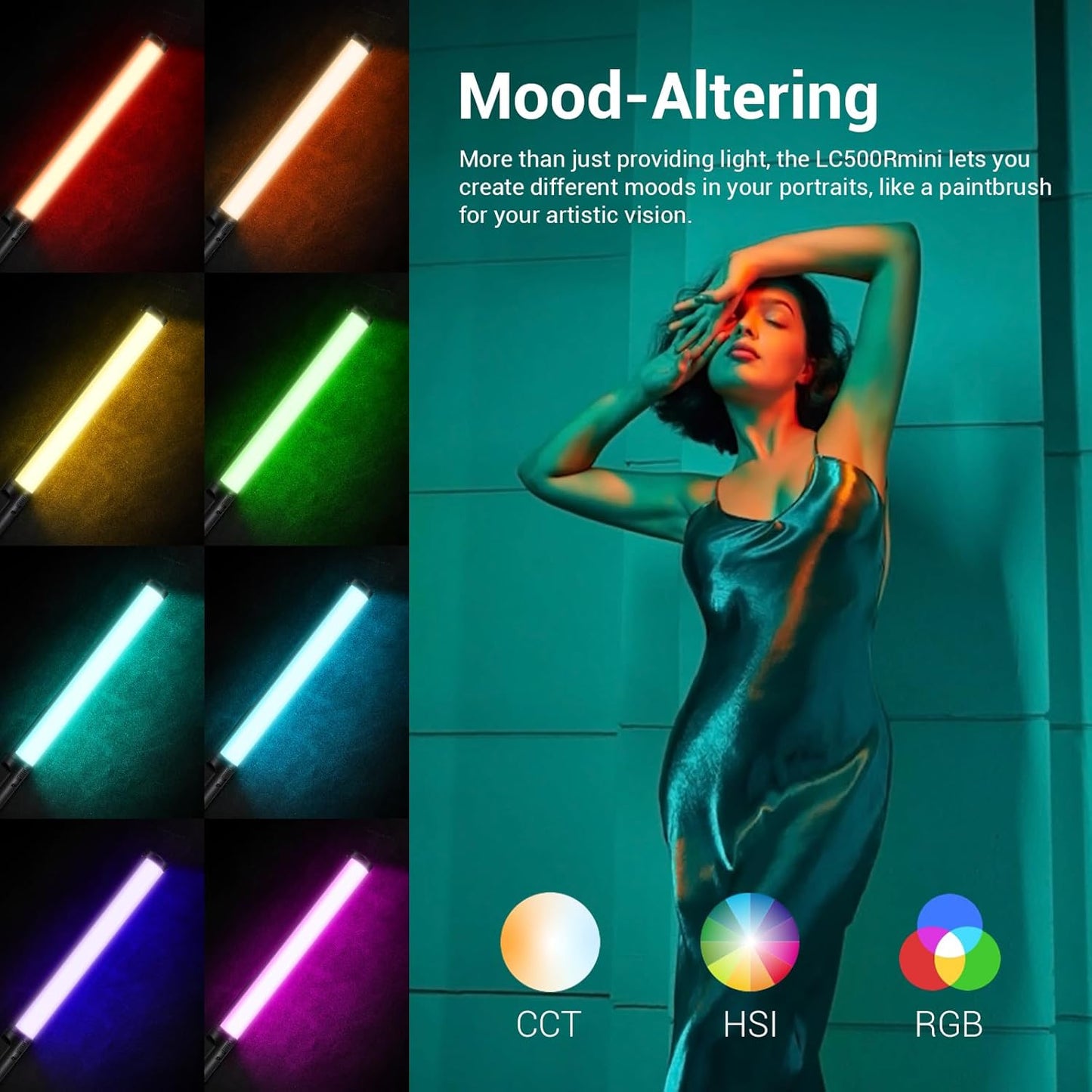 Godox LC500R Mini Handheld RGB Tube Light, 2500K-8500K RGB Stick Light with Barndoor&Soft Diffuseur, 20W 360°Full Color CRI 96+ 15 FX Effects LED Light Wand with Godox APP Control