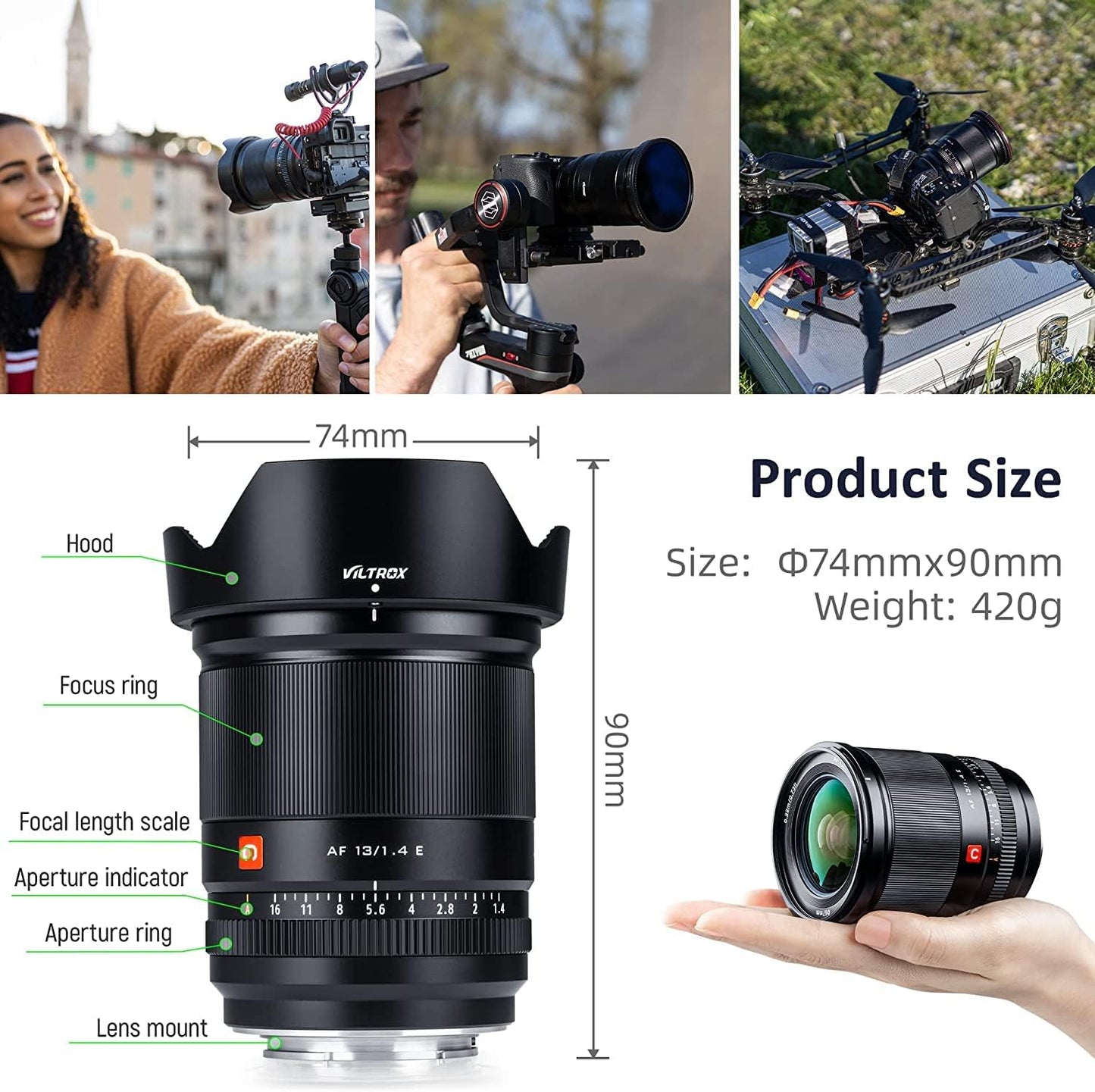 E-Mount AF 13mm F1.4 Wide-angle Prime Lens Large Aperture Portrait Lens Compatible with APS-C format Cameras Sony a7II, a7III, a7C, a7RII, a7RIII, a7SII, a7SIII, a9, FX30, a6000/6100/6300/6400/6600